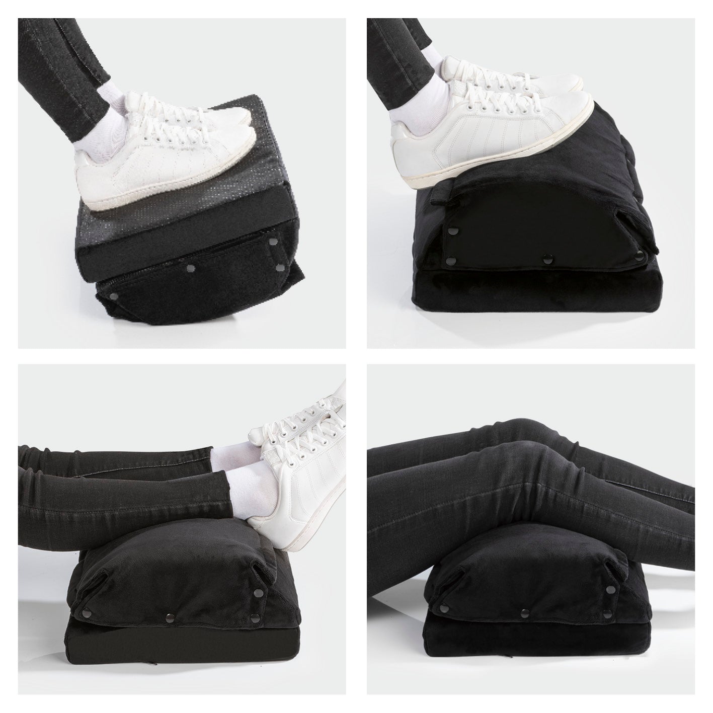 2-in-1-Fußstütze – Fußablage mit abnehmbarer Flauschfaser-Fußtasche und Antirutschbeschichtung für bequeme Sitz- und Liegeposition.