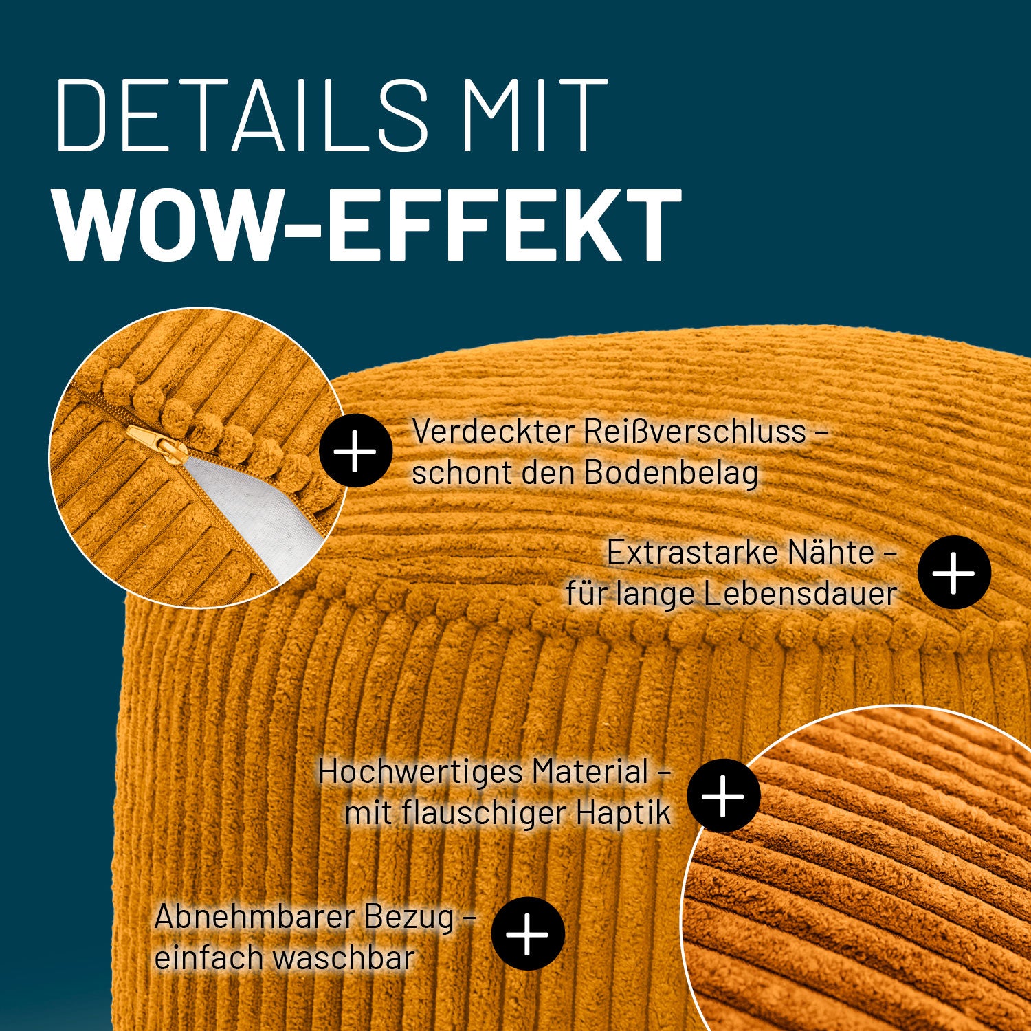 Sitzsack Pouf aus der Cord-Reihe - Senfgelb mit verdecktem Reißverschluss, robusten Nähten und abnehmbarem, waschbarem Bezug.