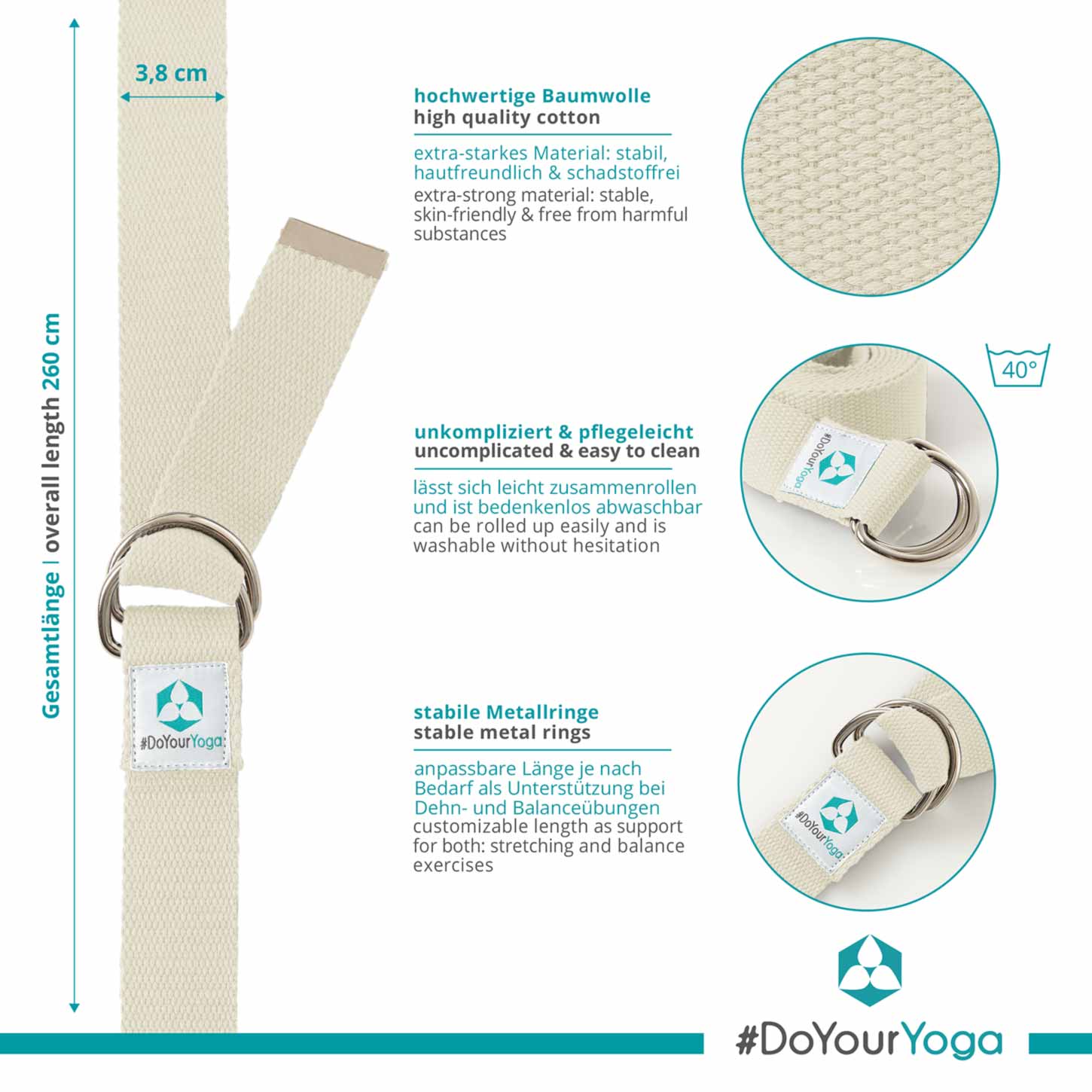 Yogagurt Madira - 100% Baumwolle - 250 x 3,8 cm - Beige
