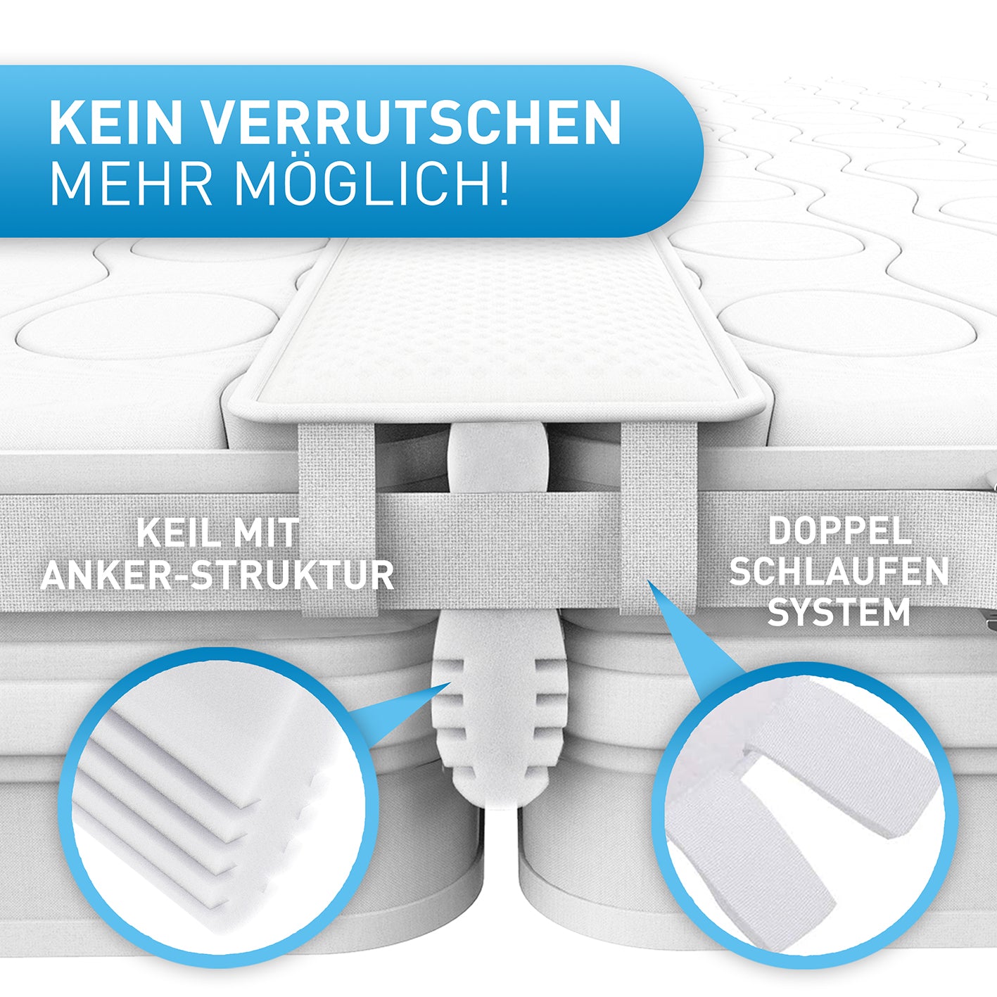 Matratzenbrücke mit Gurt - Weiß - 200 x 18 cm mit Anker-Struktur und Doppelschlaufen-System für sicheren Halt zwischen zwei Matratzen.