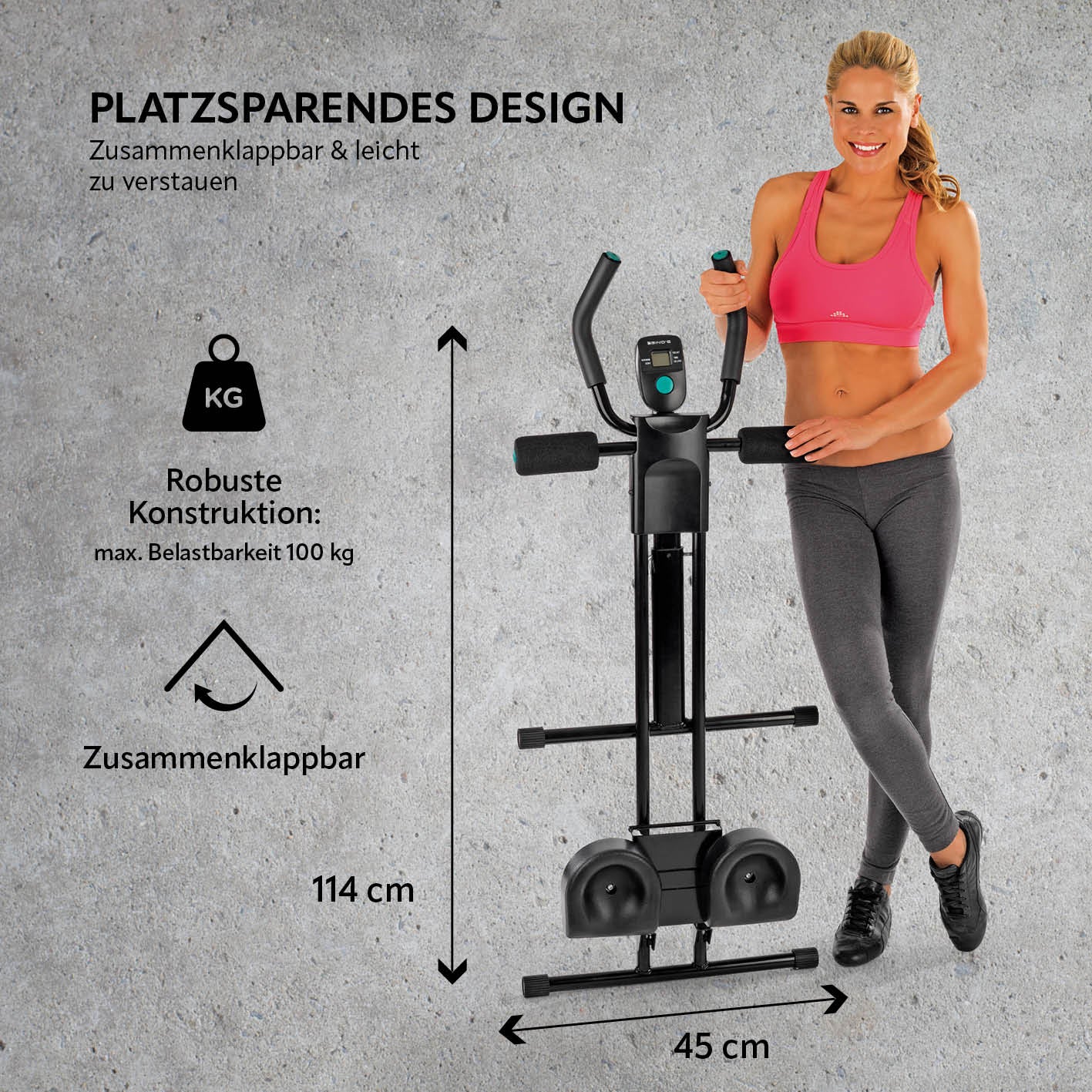 Frau zeigt platzsparendes, zusammenklappbares Trainingsgerät fitmaxx 5 mit robustem Design und 5 Schwierigkeitsstufen für Ganzkörpertraining