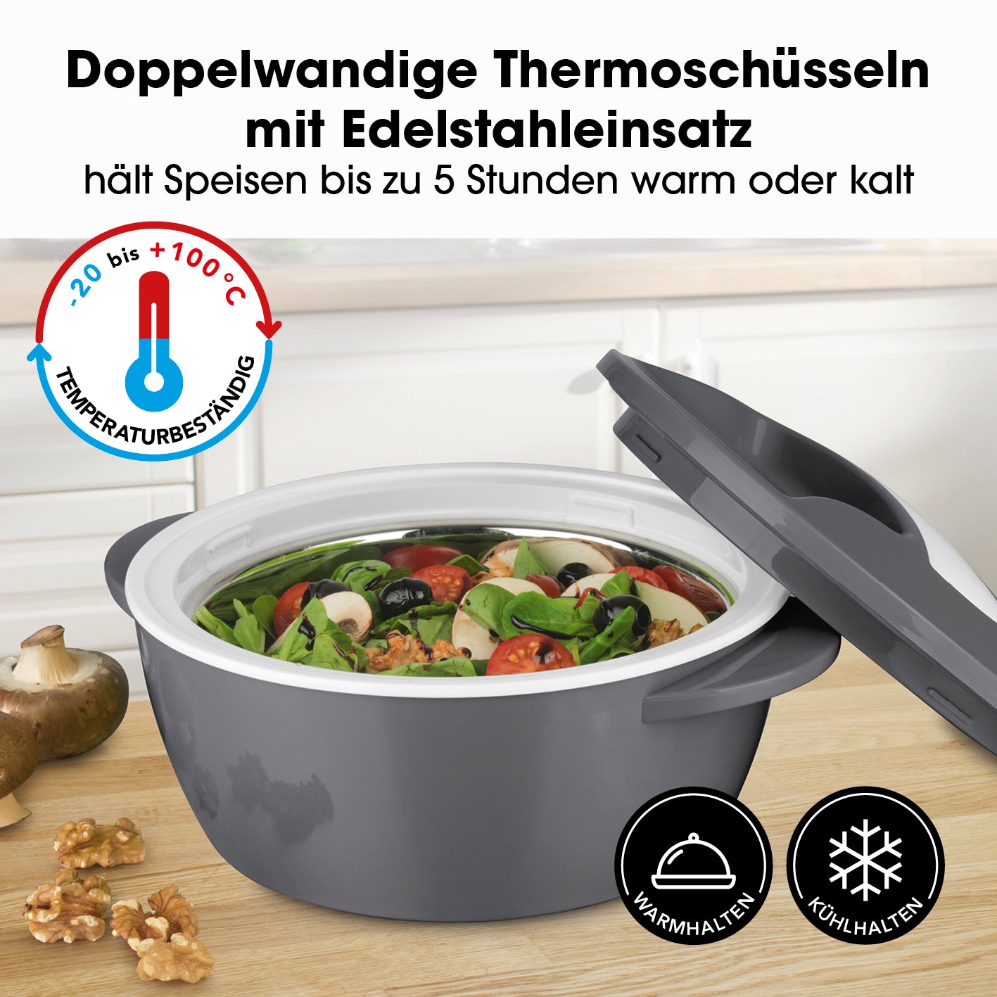 Thermo-Schüssel Mikrowelle - 1400 ml - grau/weiß mit Edelstahl-Einsatz, hält Speisen bis zu 5 Stunden warm oder kalt, temperaturbeständig.