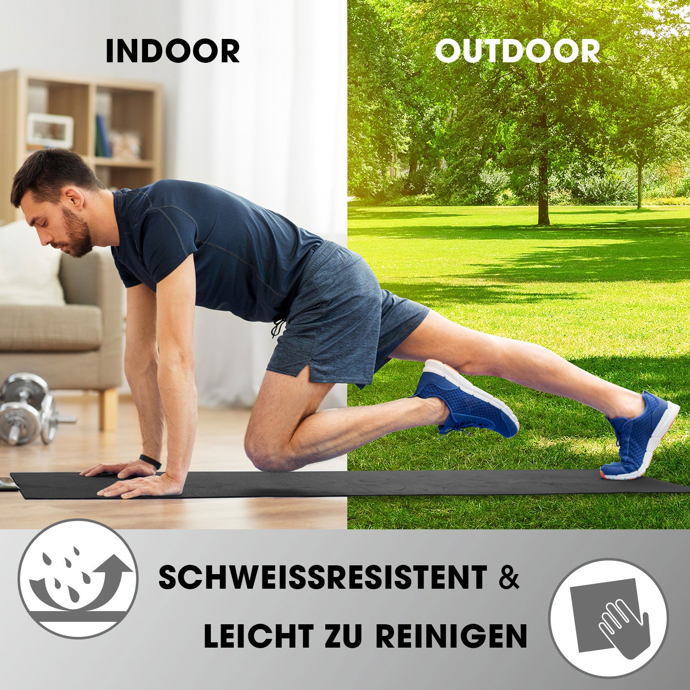 Fitness- und Gymnastikmatte - 190 x 100 x 1 cm - Schwarz, rutschfest, schweißresistent, ideal für Indoor- und Outdoor-Workouts.