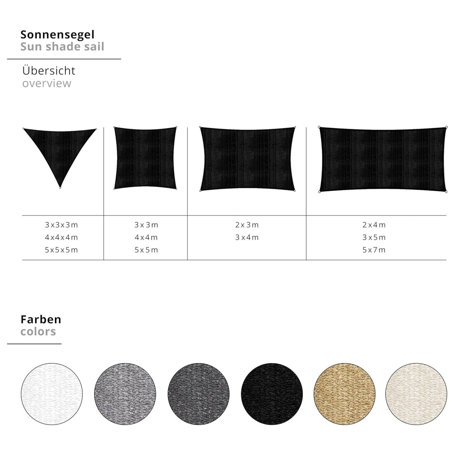 Sonnensegel 100% HDPE mit Stabilisator für UV-Schutz Rechteck 5 x 7 Meter Schwarz mit robustem Material und UV-Schutzfaktor 30+