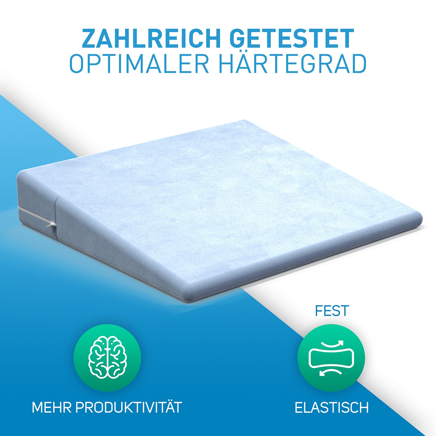 Stuhl-Keilkissen mit Samtbezug - Blau, atmungsaktiv, rutschfest und ergonomisch für langes komfortables Sitzen im Büro und Homeoffice.