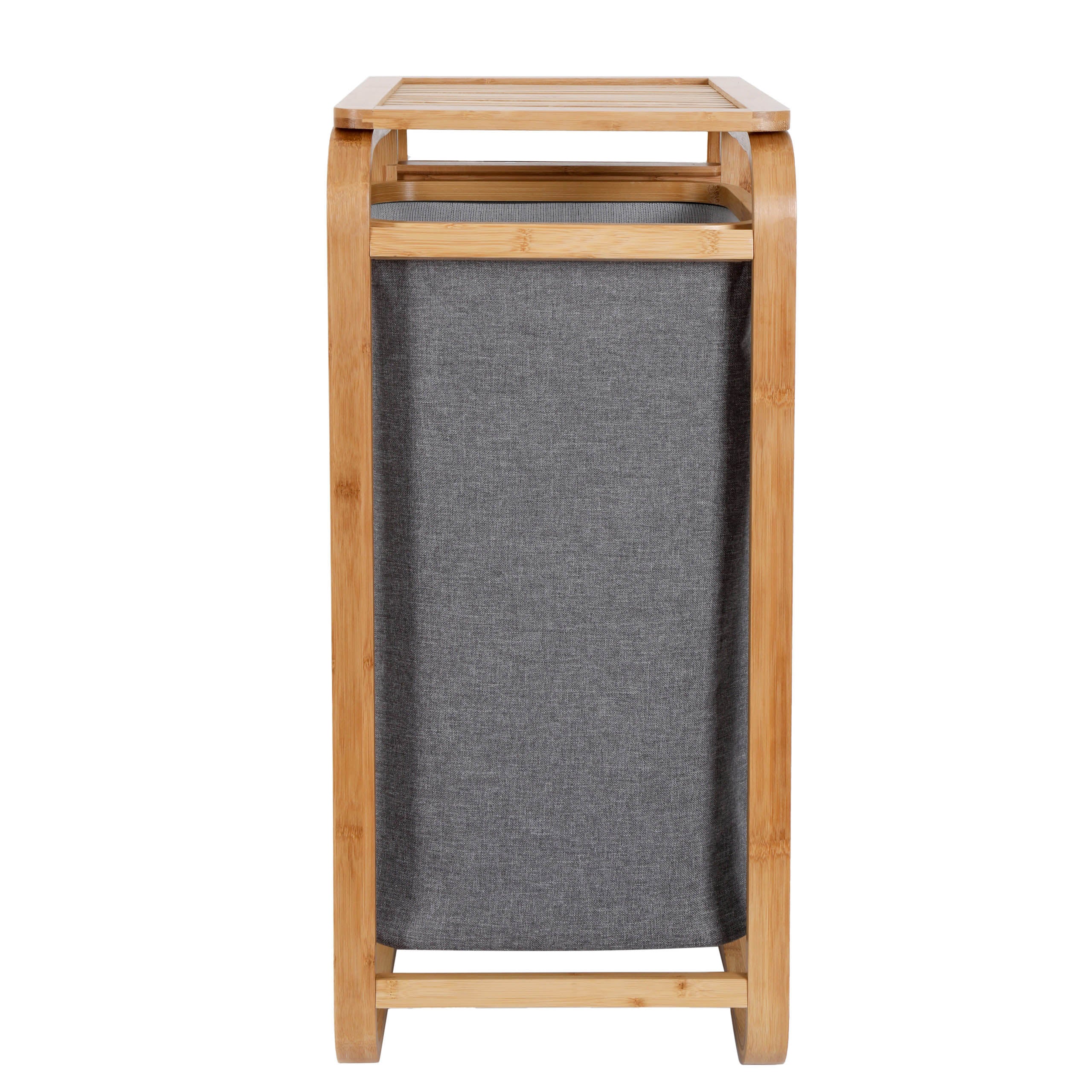 Bambus Wäschekorb - 1 XL Fach + 2 Kompaktfächer - 49,5 x 33 x 71 cm - Grau, moderner, platzsparender Wäschesortierer mit Stoffsäcken.