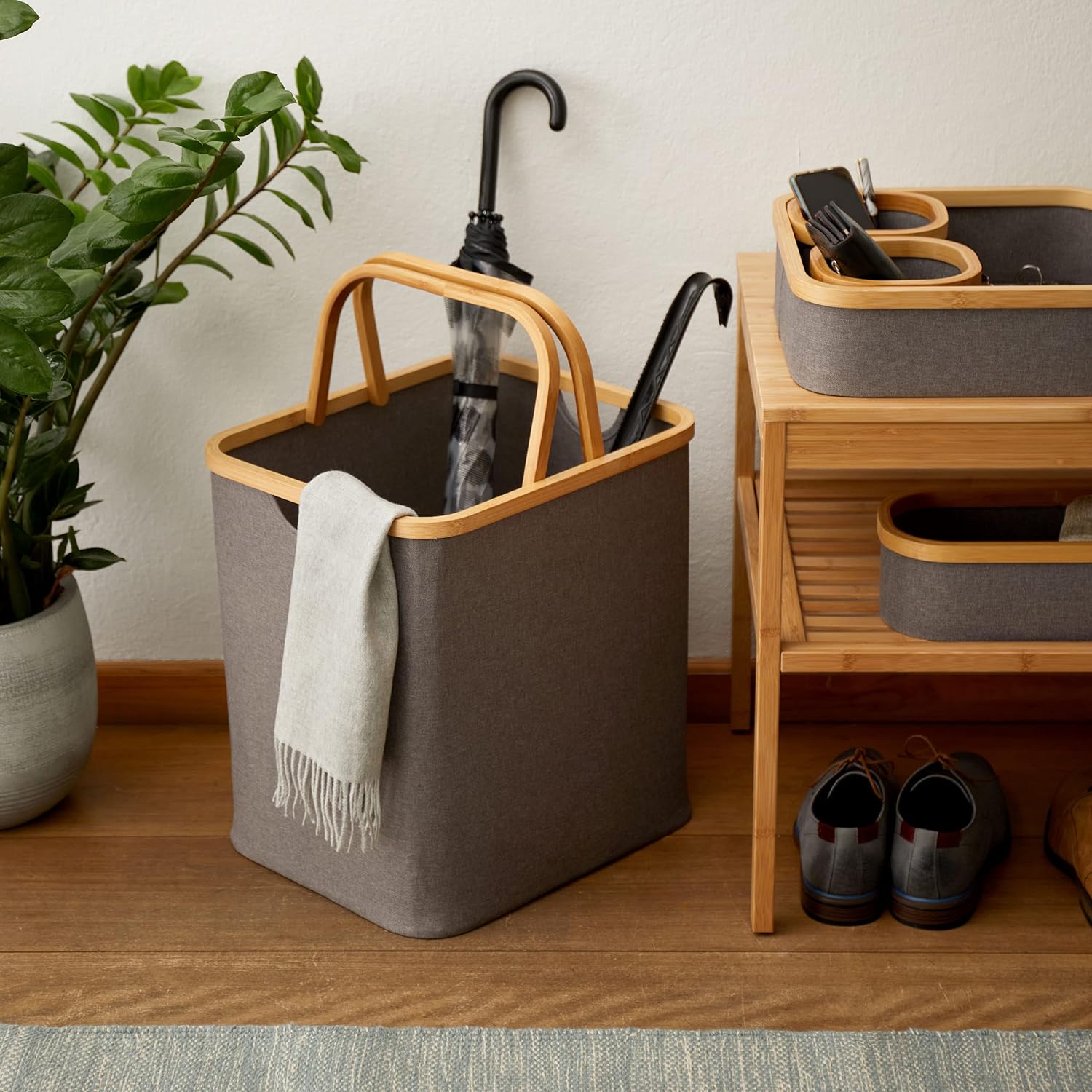 Bambus-Rahmen-Aufbewahrungskorb - 2er-Set in Beige, faltbar mit Henkel, praktischer Aufbewahrungskorb für Haushalt und Ordnung.