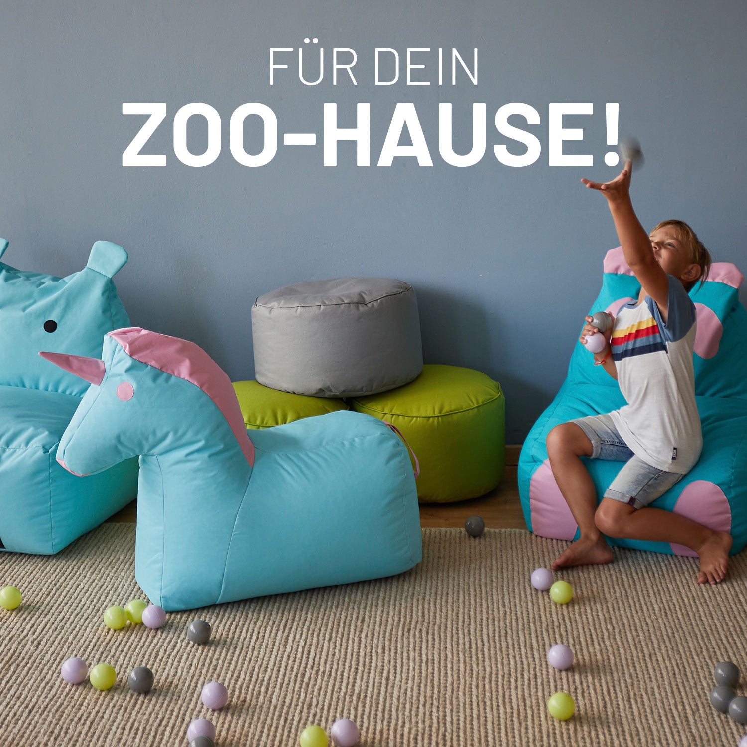 Kindersitzsack Animal Line Einhorn (120 L) in Pastell Pink/Stahlgrau, kuschelig und wasserabweisend, für drinnen und draußen.