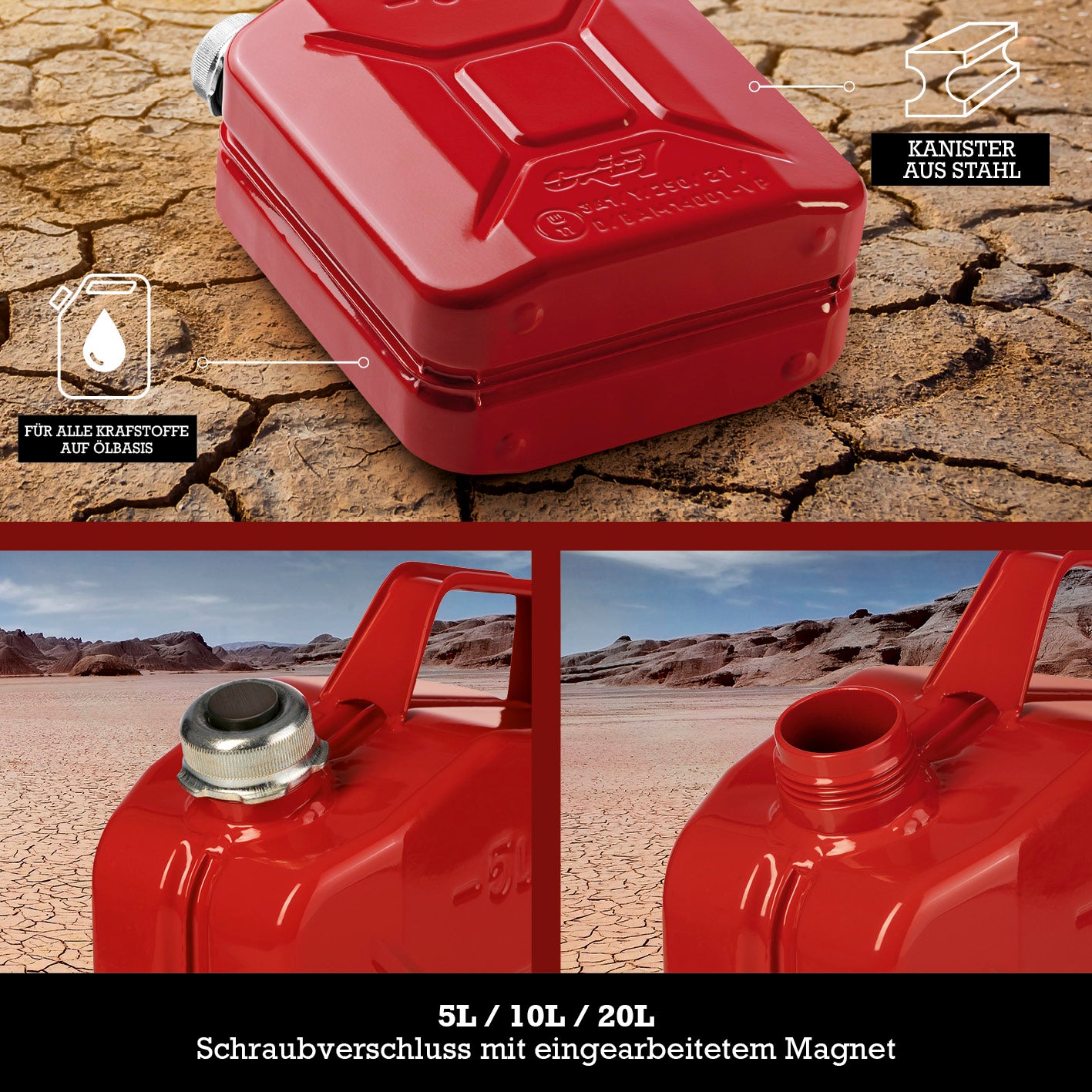 Kraftstoffkanister Metall mit Schraubverschluss - 5 Liter - Rot, stabiler Stahlkanister mit UN-Zulassung und sicherem Auslaufschutz.