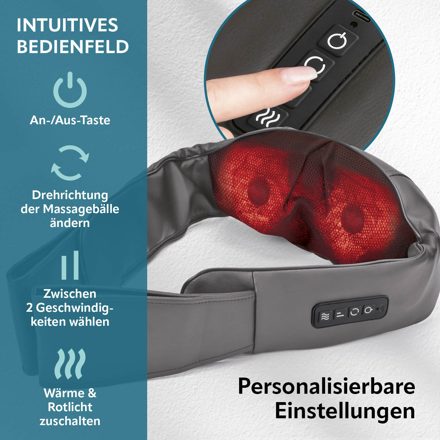 Shiatsu-Massagegerät mit intuitivem Bedienfeld, einstellbarer Drehrichtung, zwei Geschwindigkeiten sowie Wärme- und Rotlichtfunktion.