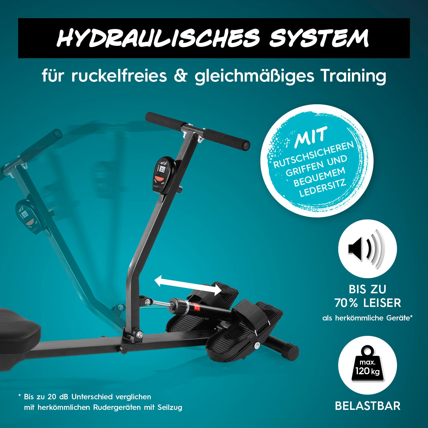 Klapp-Rudergerät mit hydraulischem System, 12 Widerstandsstufen, LCD, rutschfesten Griffen und bis zu 70% leiser als Seilzugmodelle.