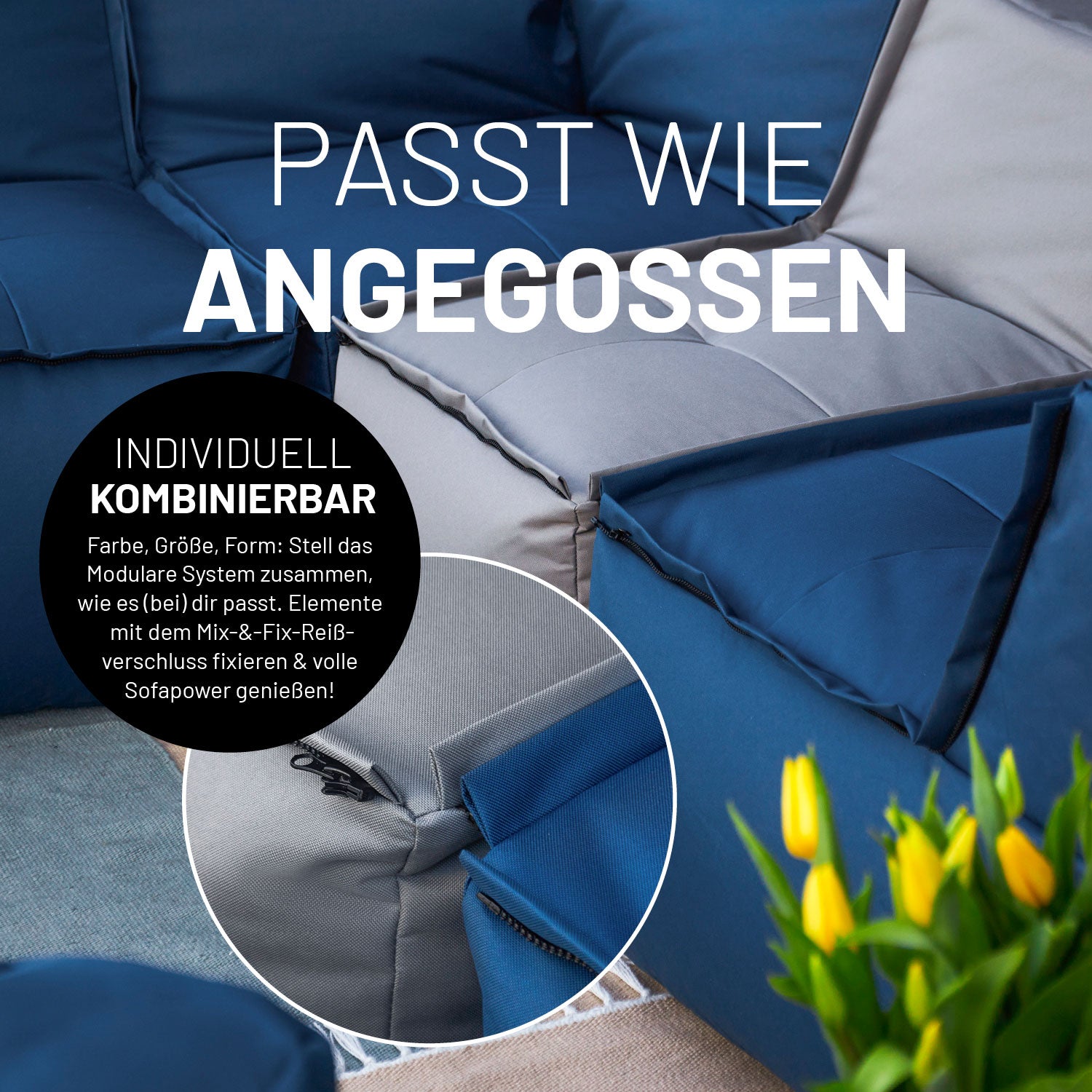 Sitzsack-Sofa Ecke (340 L) - Modulares System - indoor & outdoor - Rotwein mit Mix-&-Fix-Reißverschluss für flexible Kombinationen.