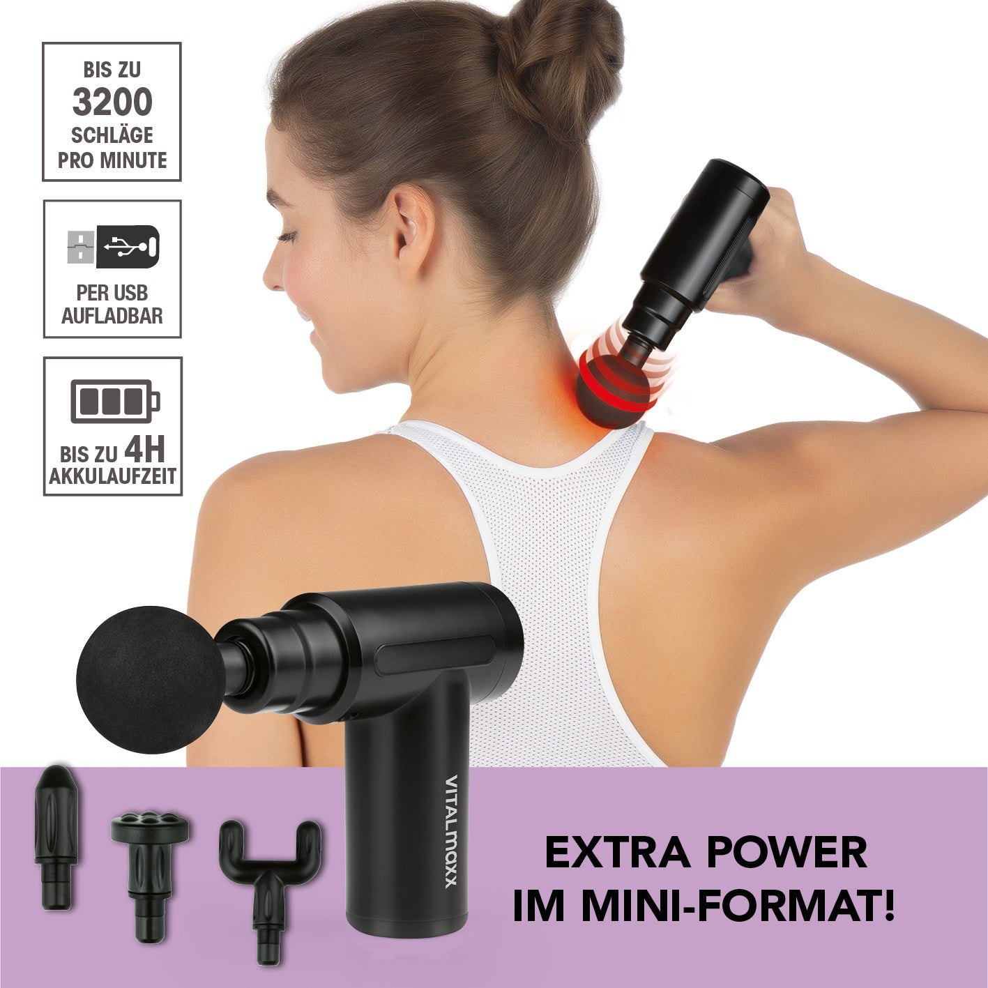 Massage Gun - 4 verschiedene Aufsätze - schwarz mit intensiver Massagefunktion und bis zu 4 Stunden Akkulaufzeit für Muskelregeneration.