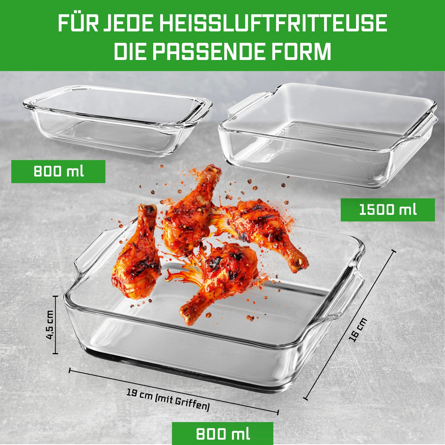 Glas-Auflaufform für Heißluftfritteuse & Backofen - 19 x 16 x 4,5 cm - 800 ml aus robustem Borosilikatglas mit Griffen.