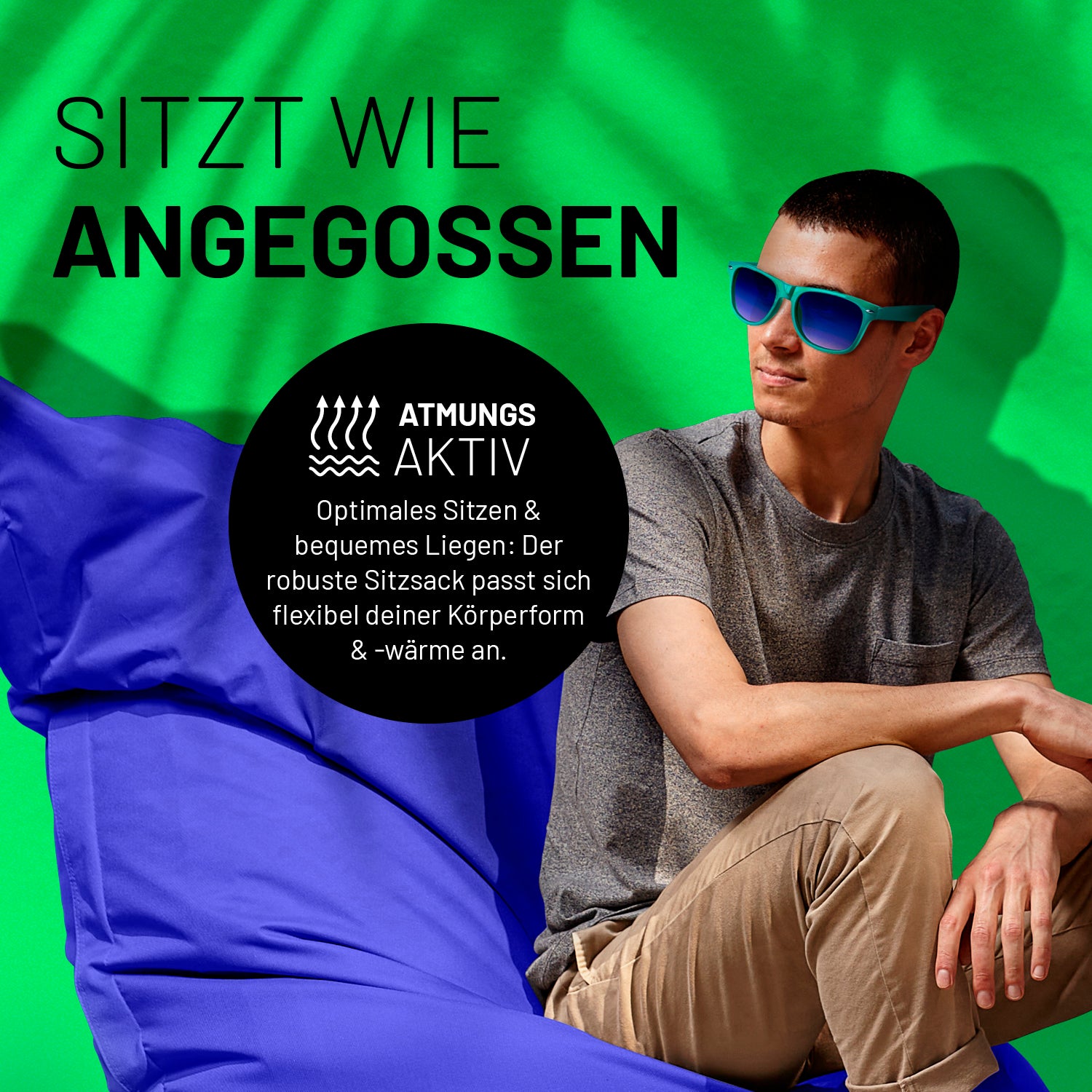 Sitzsack Classic XXL (380 L) in Royalblau, atmungsaktiv, flexibel anpassbar, ideal für drinnen und draußen, robust mit extrastarken Nähten.