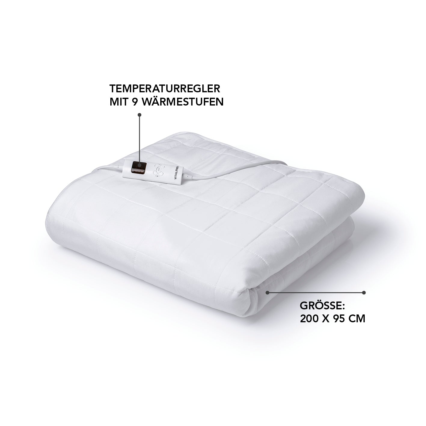 Wärmeunterbett - 9 Wärmestufen - 200x95x30cm - weiß mit Temperaturregler und Timer, passend für Einzelbetten.