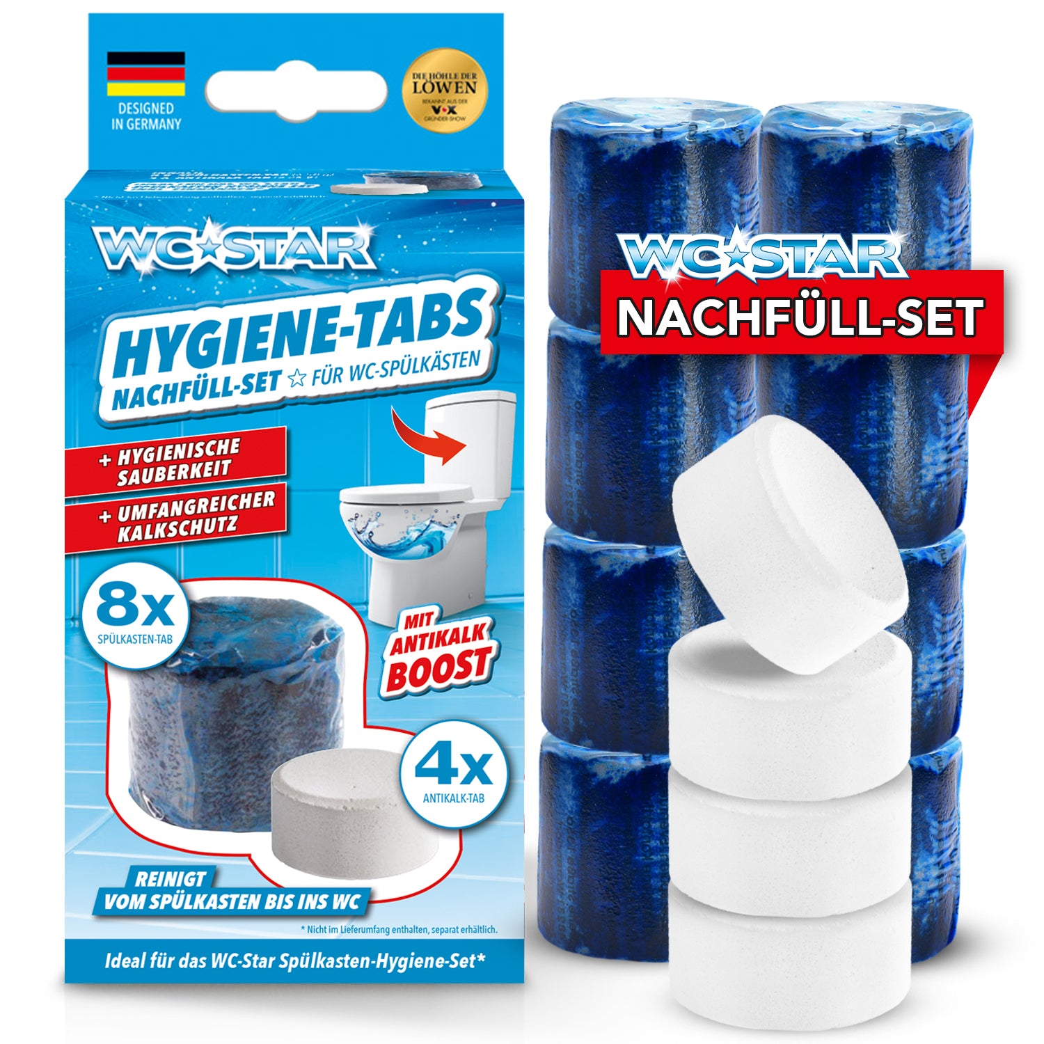 WC-Star Nachfüll-Set (8x Spülkasten-Tab + 4x Antikalk-Tab) für hygienische Sauberkeit und starken Anti-Kalk-Boost im WC-System.