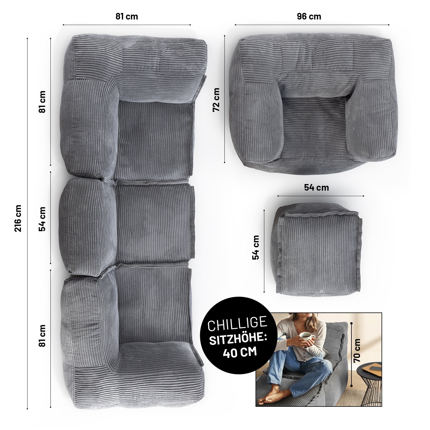 Modulares Basic Set (5-tlg.) aus der Cord-Reihe - Grau, flexible Sitzmöbel mit robustem Boden und komfortabler Sitzhöhe 40 cm.