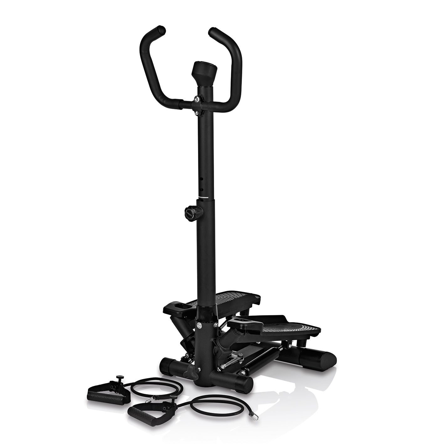 Fitnesstrainer Swing Stepper mit 2 Expanderbändern, höhenverstellbarer Handgriff, Trainingscomputer mit LC-Display, kompaktes Ausdauergerät.