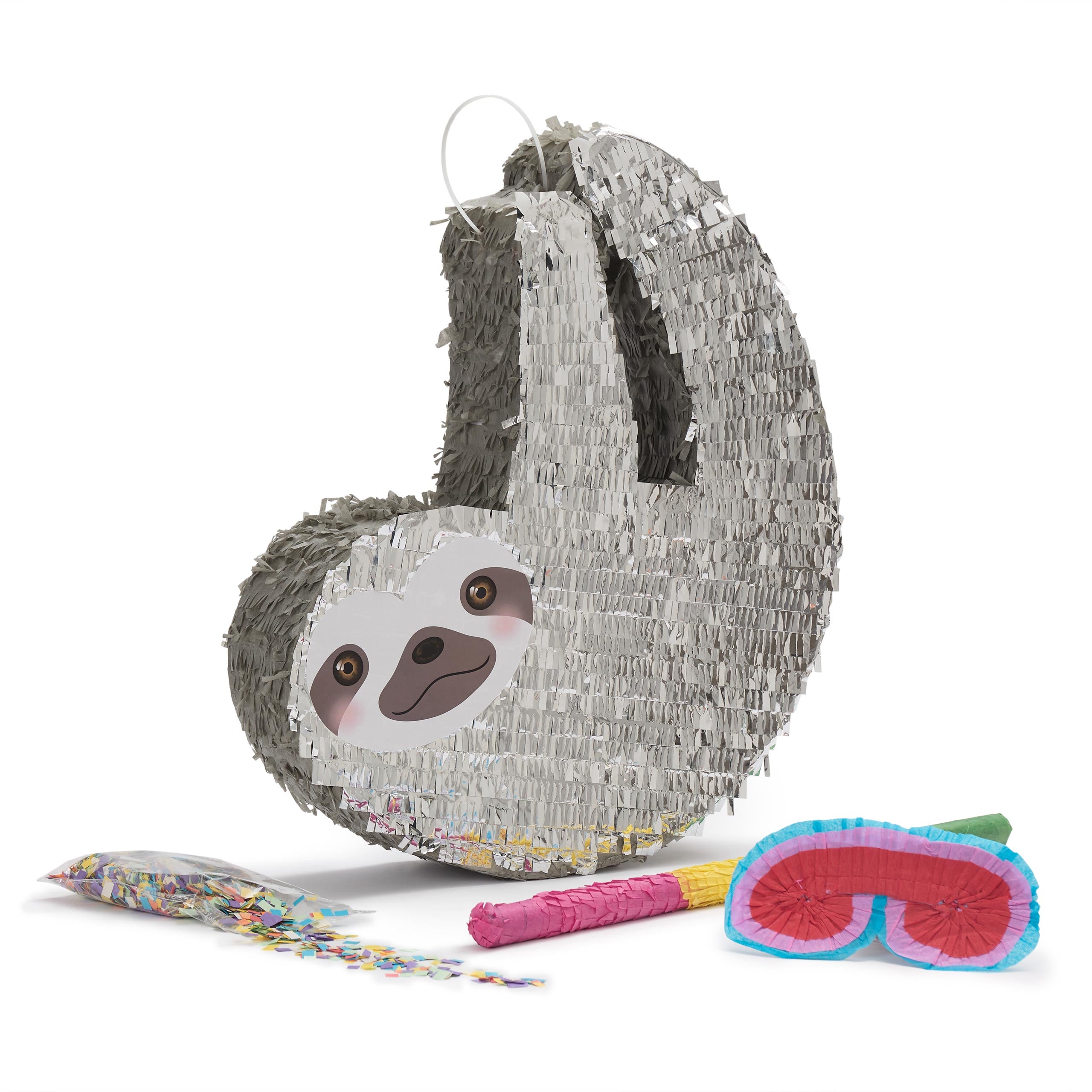 Pinata Set zum Befüllen inkl. Schläger & Augenbinde "Faultier" mit Konfetti, Stock und Maske für Kindergeburtstag.