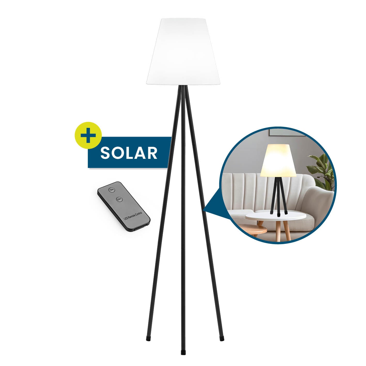 Solar-Stehlampe kabellos mit warmweißem LED-Licht, solar- und USB-aufladbar, inkl. Fernbedienung, zeitloses Design, flexibel einstellbar.
