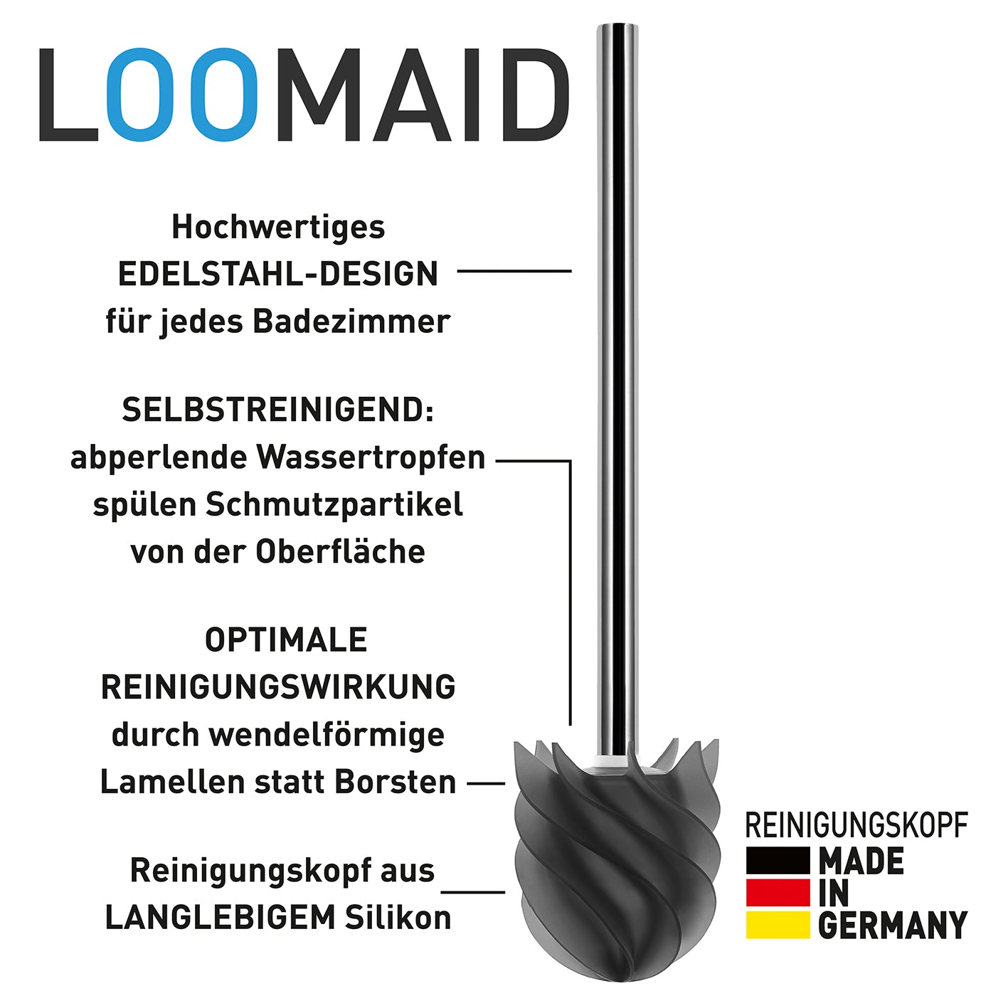 WC-Bürste Silikonkopf Edelstahl/anthrazit mit Bürstenhalter, selbstreinigender Silikonkopf, langlebig, hygienisch, Edelstahl-Design, made in Germany.