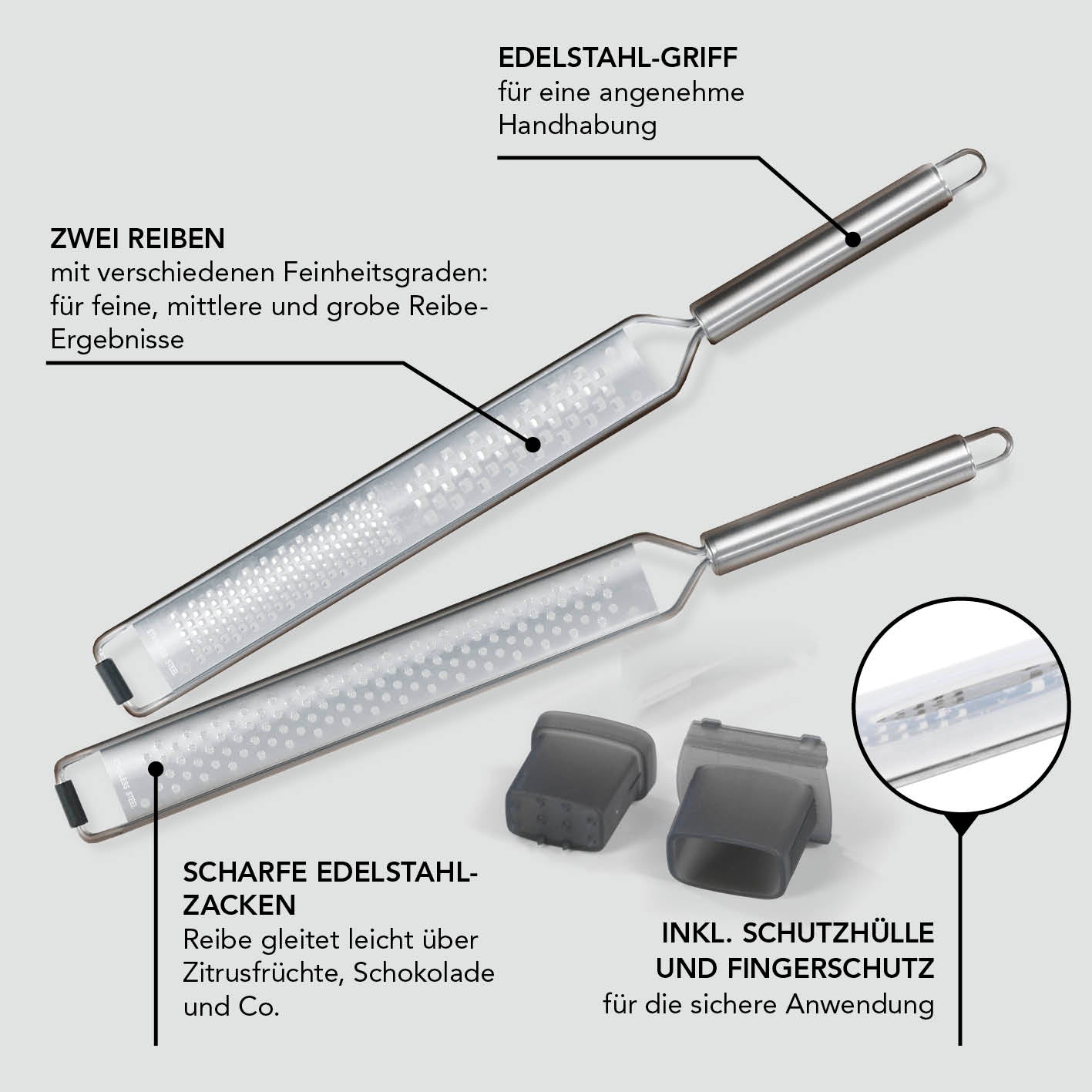 Zester Reibe - 2er-Set mit zwei Edelstahlreiben, verschiedenen Feinheitsgraden, scharfen Zacken, Schutzfolie und Fingerschutz für sichere Anwendung
