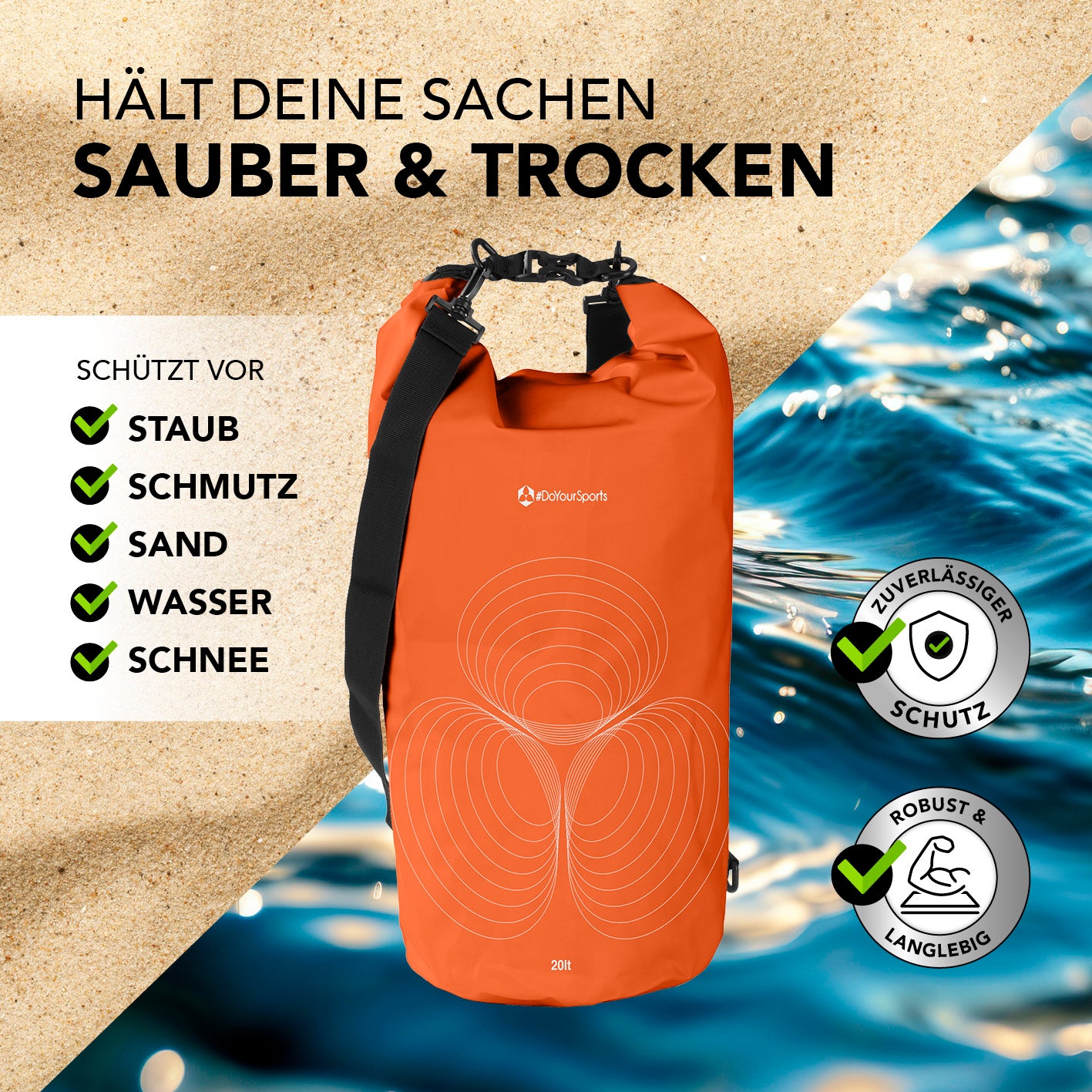 Dry Bag 20L - Orange, wasserdichter und robuster Outdoor-Rucksack schützt vor Staub, Schmutz, Sand, Wasser und Schnee.
