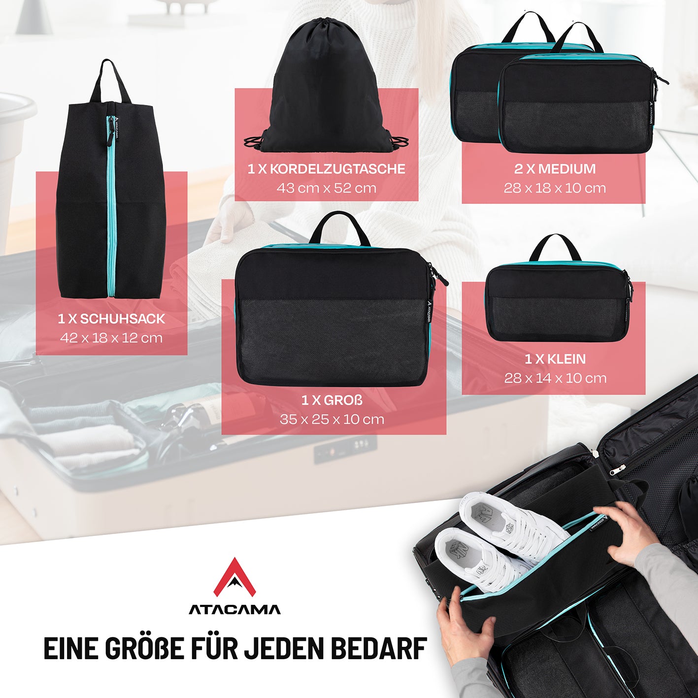 Packtaschen mit Kompression - 6er-Set - Schwarz, verschiedene Größen für optimalen Stauraum und Ordnung im Koffer oder Rucksack.