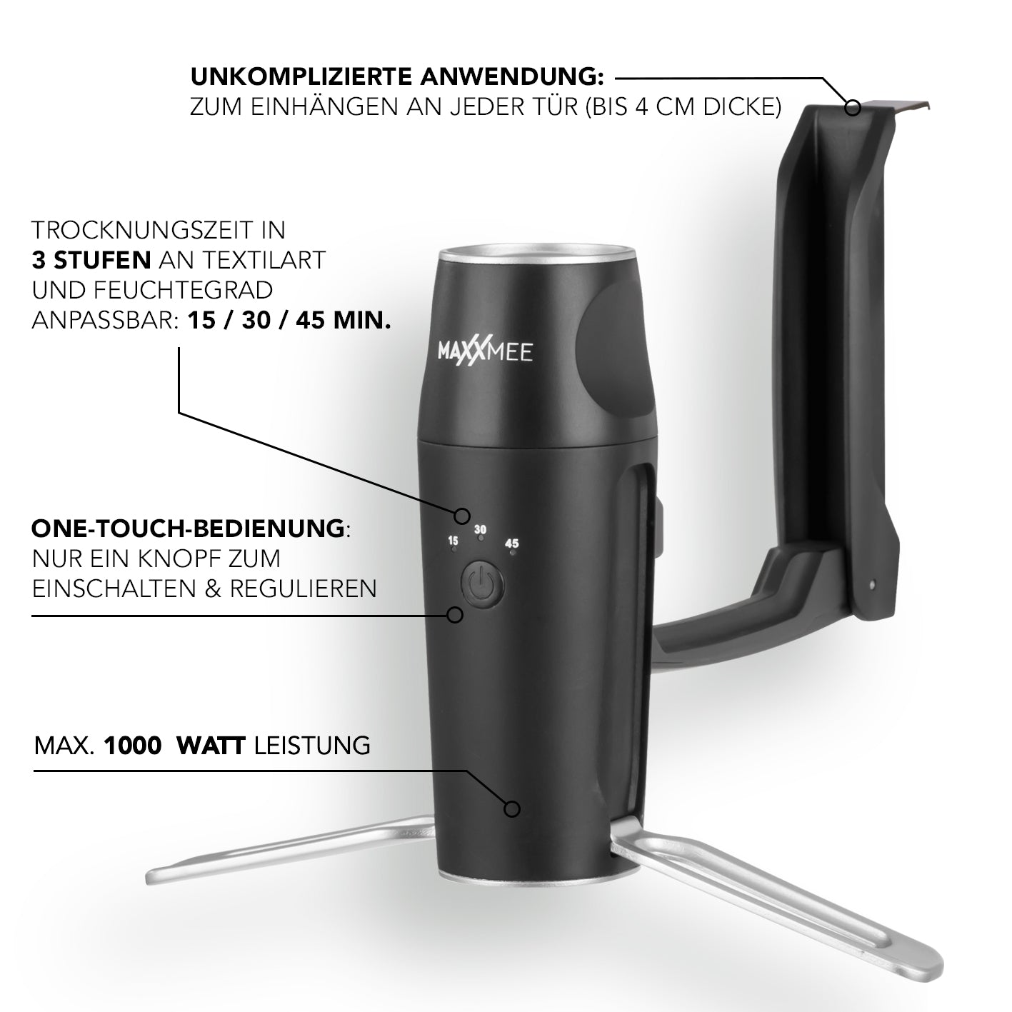 Hemden- & Blusenbügler Kompakt - schwarz/silber mit Warmluft-Technologie, One-Touch-Bedienung und 3 Trockenstufen bis 45 Minuten.