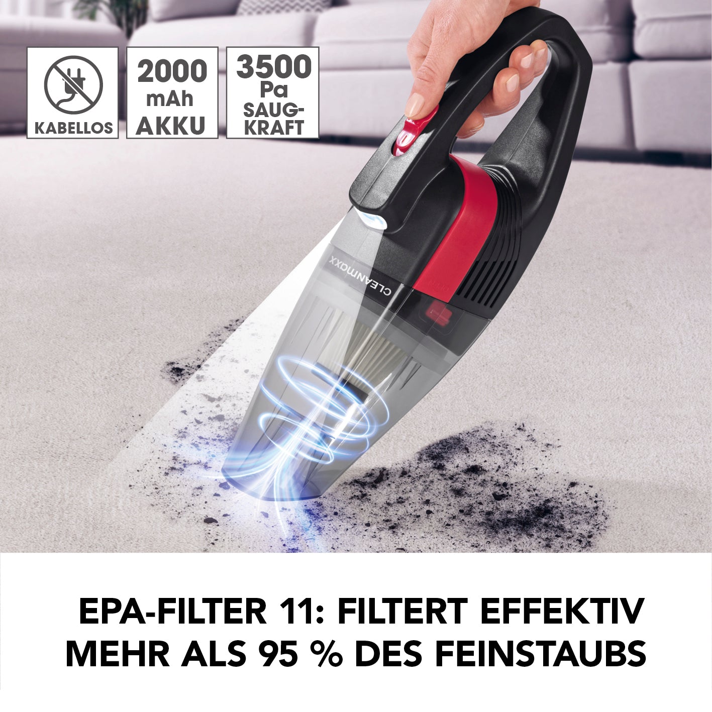 Akku-Handstaubsauger - grau/rot, kabellos, mit 2000 mAh Akku und effektiver EPA-Filter 11 zur gründlichen Reinigung von Teppichen.