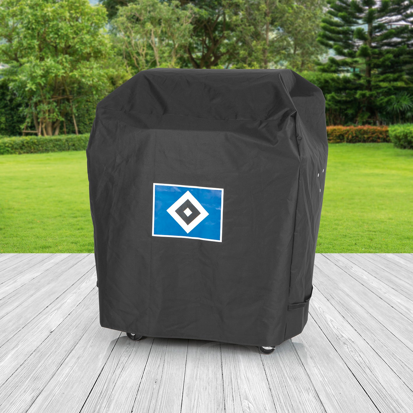 Wetterschutzhaube L - schwarz mit Logo aus robustem Polyester, wasserdicht, atmungsaktiv und kältebeständig bis -20 Grad.