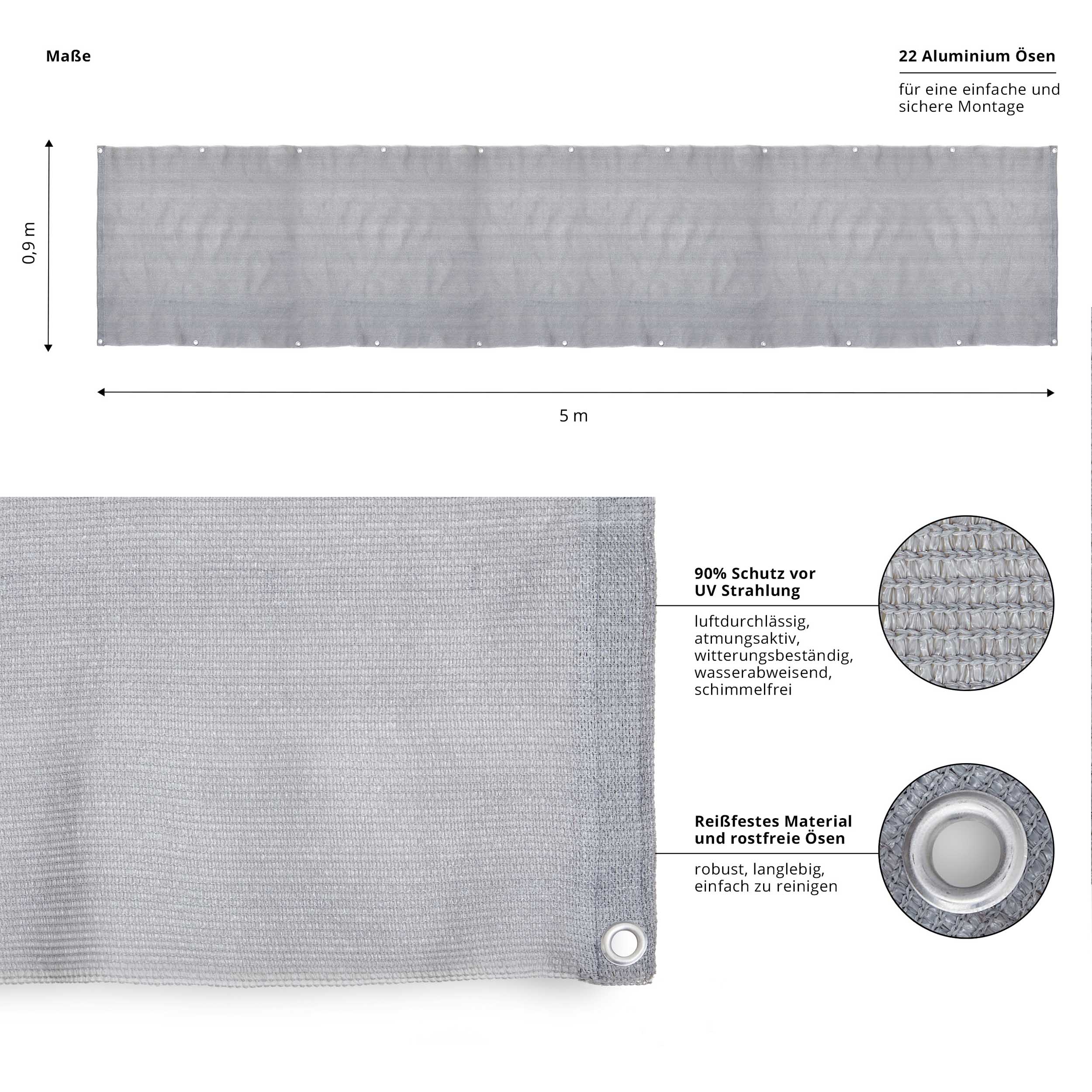 Balkonsichtschutz inkl. Befestigungsseil - 0,9 x 5 m - Hellgrau, reißfest, UV-beständig, mit Aluminiumösen und Kunststoffseil zur sicheren Montage.