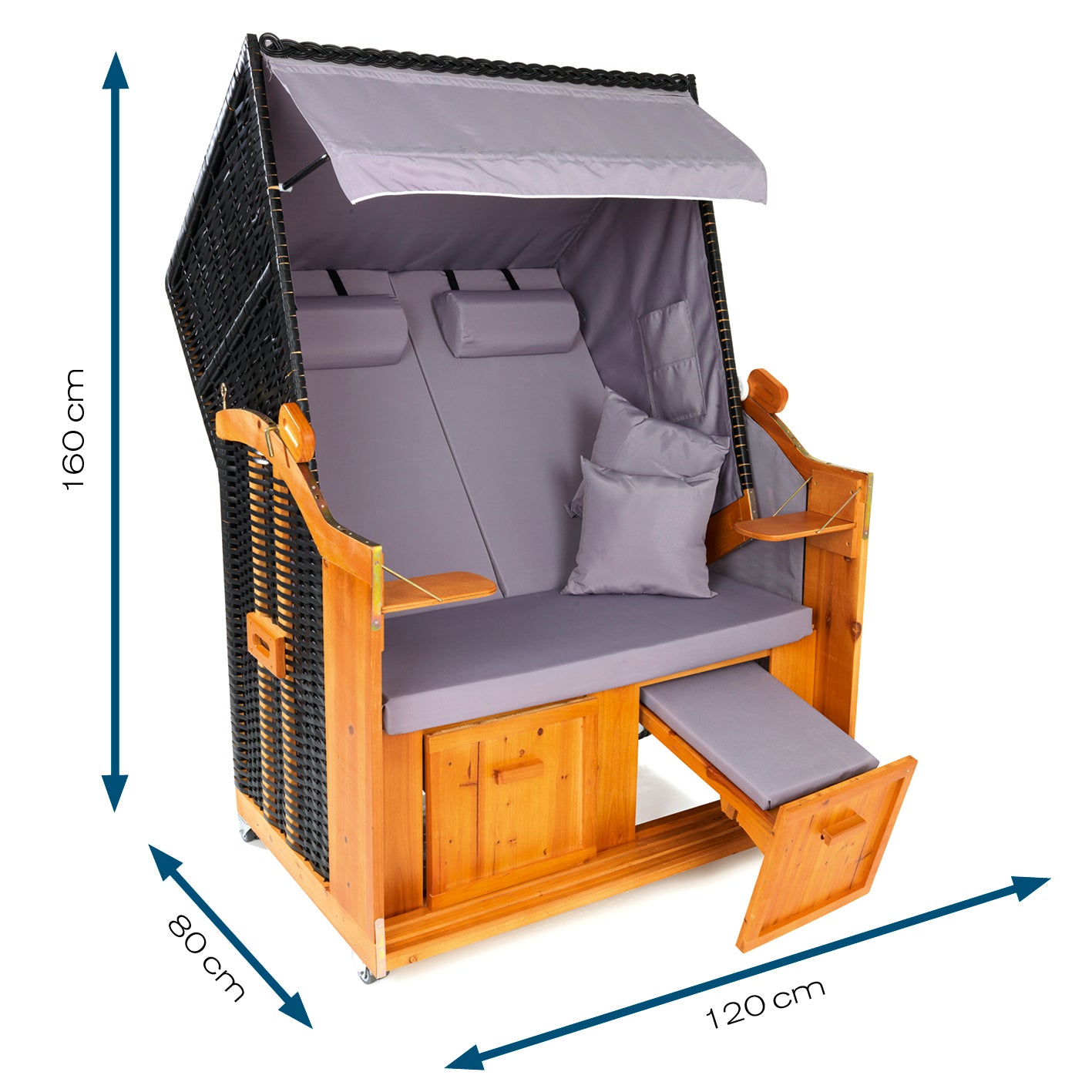 2-Sitzer-Strandkorb (Ostsee) grau/braun, 120x80x160cm, Hartholz & PE-Geflecht, verstellbar, mit Kissen und Fußbänken.