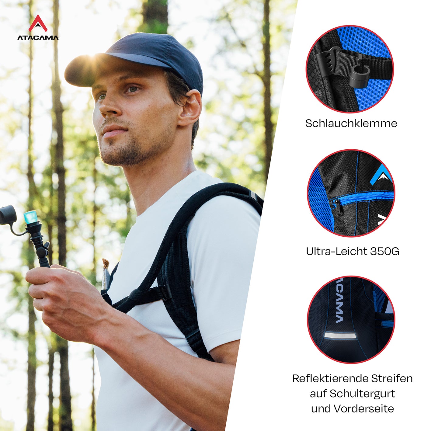 Mann im Wald trägt Trinkrucksack für 2 L Trinkblase - Blau mit Schlauchklemme, ultraleicht 350g und reflektierenden Streifen.