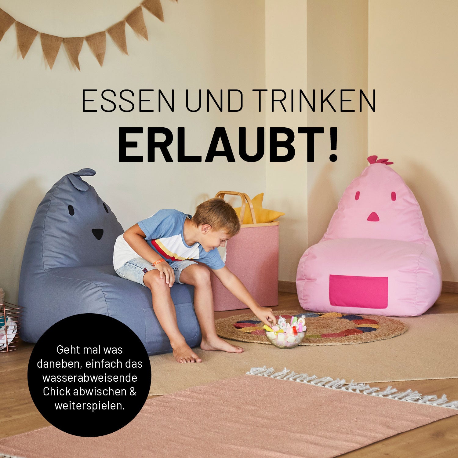 Kindersitzsack Animal Line Chick (200 L) in Pastell Pink, wasserabweisend, weich und ideal für drinnen & draußen.