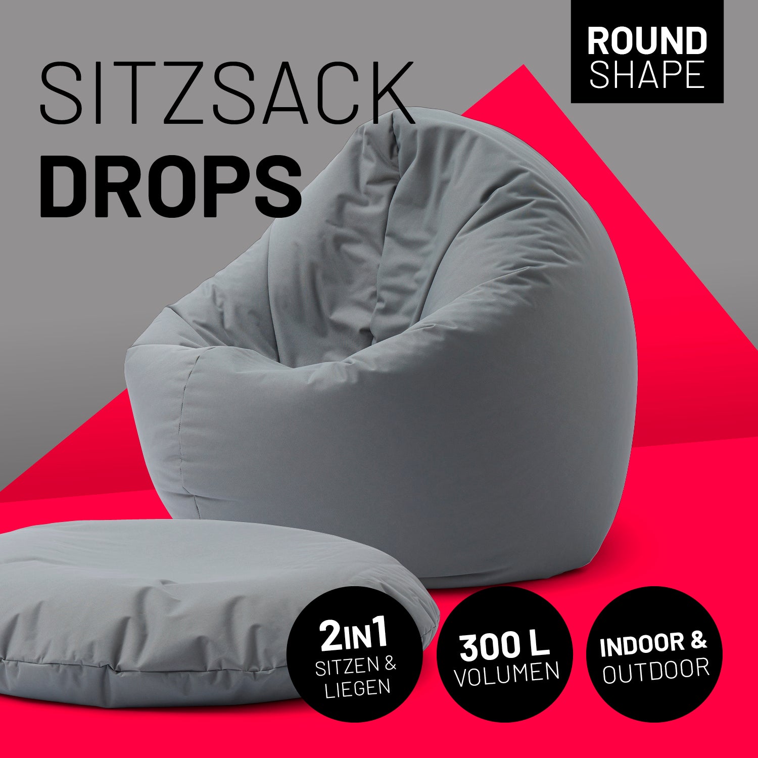 Sitzsack Drops (300 L) in Grau, indoor & outdoor, 2in1 Sitzen & Liegen, langlebig, leicht zu reinigen, mit verdecktem Reißverschluss.