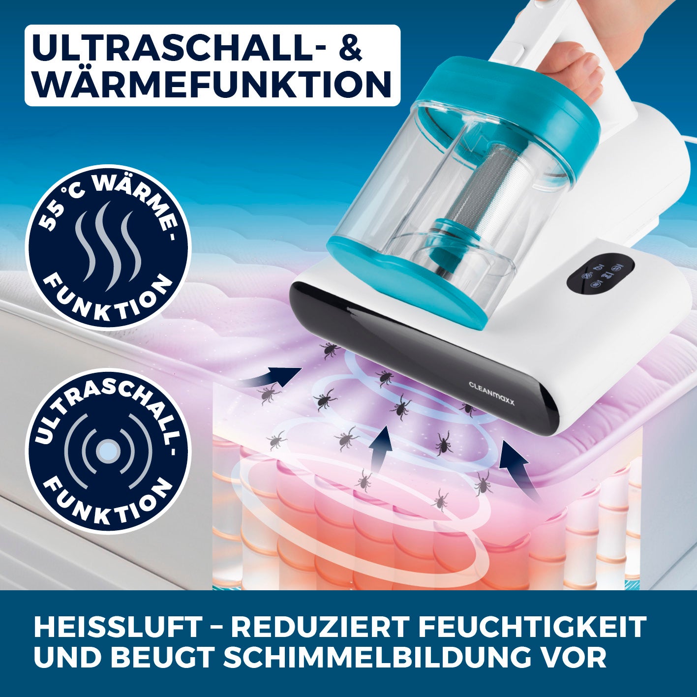 Milbensauger Rotation - blau/weiß mit Ultraschall- und Wärmefunktion entfernt Milben und beugt Schimmelbildung auf Heimtextilien vor.