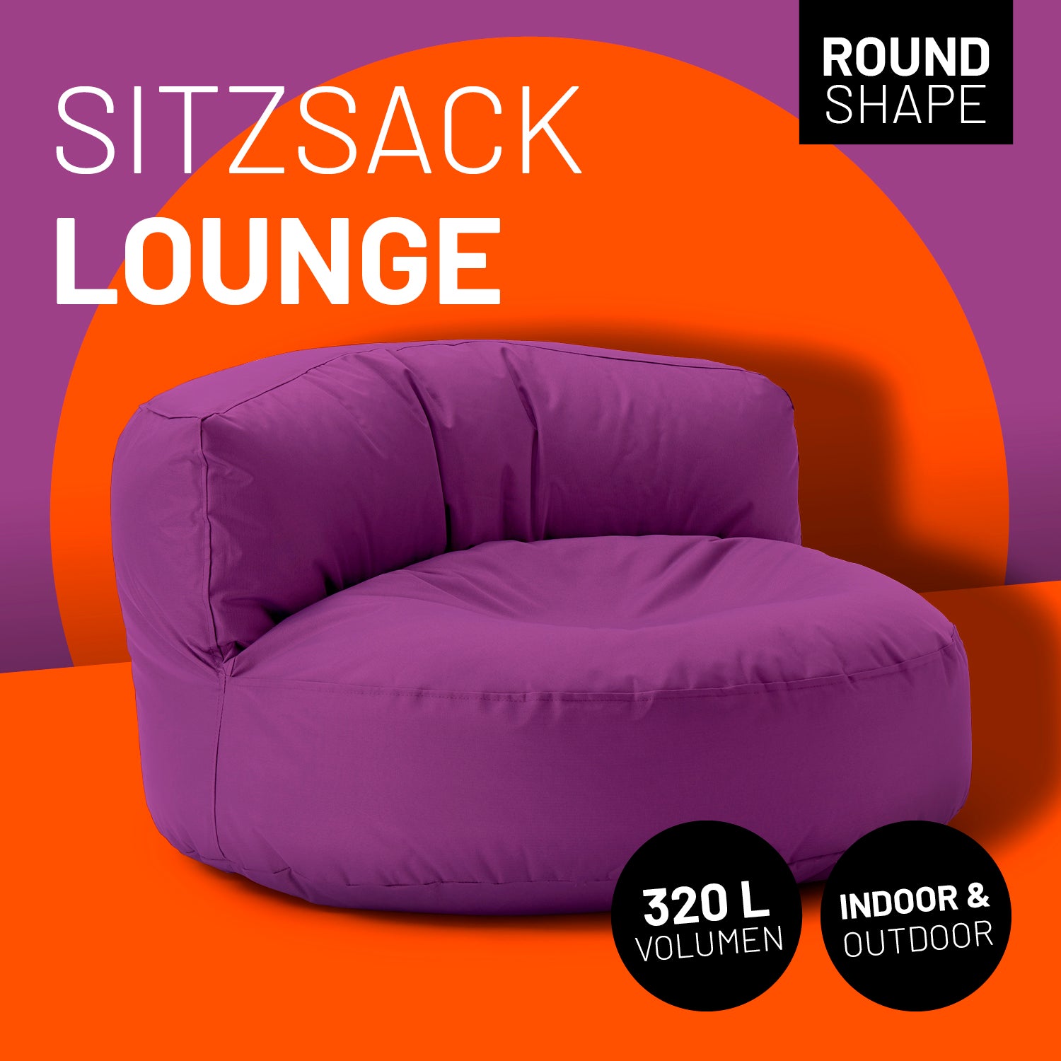 Sitzsack Lounge (320 L) in Lila, gemütlich und robust für indoor & outdoor, mit strapazierfähigem Material und verdecktem Reißverschluss.