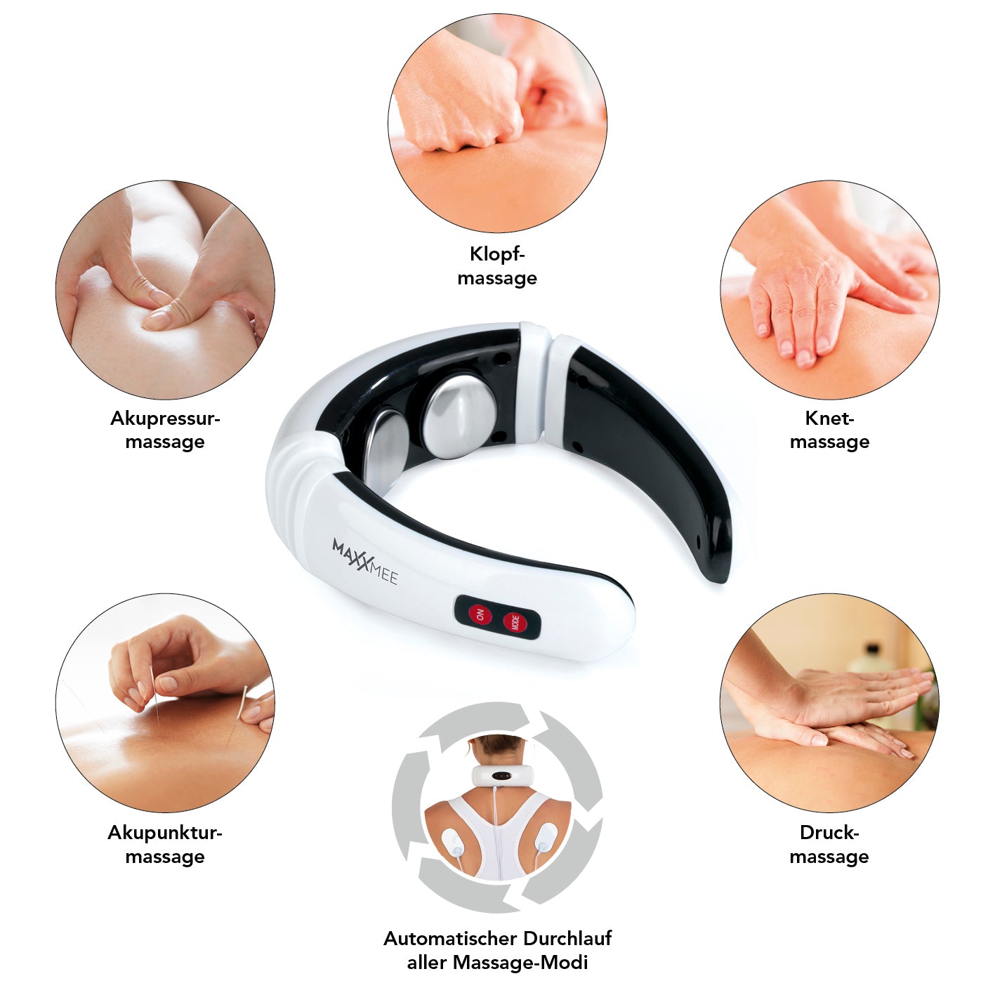 Nacken-Massagegerät EMS weiß/schwarz mit 16 Intensitätsstufen, kabellos, ergonomisch und automatischer Abschaltung nach 15 Min.