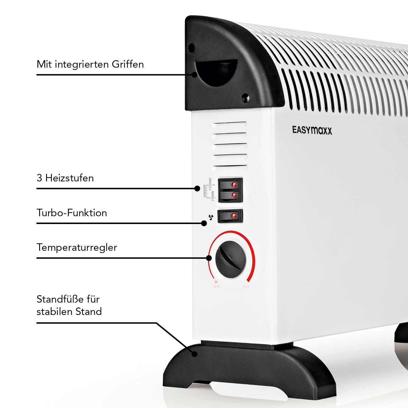 Heizkonvektor - weiß/schwarz mit 2000W, 3 Heizstufen, Turbo-Funktion, Thermostat, Griffen und stabilen Standfüßen.