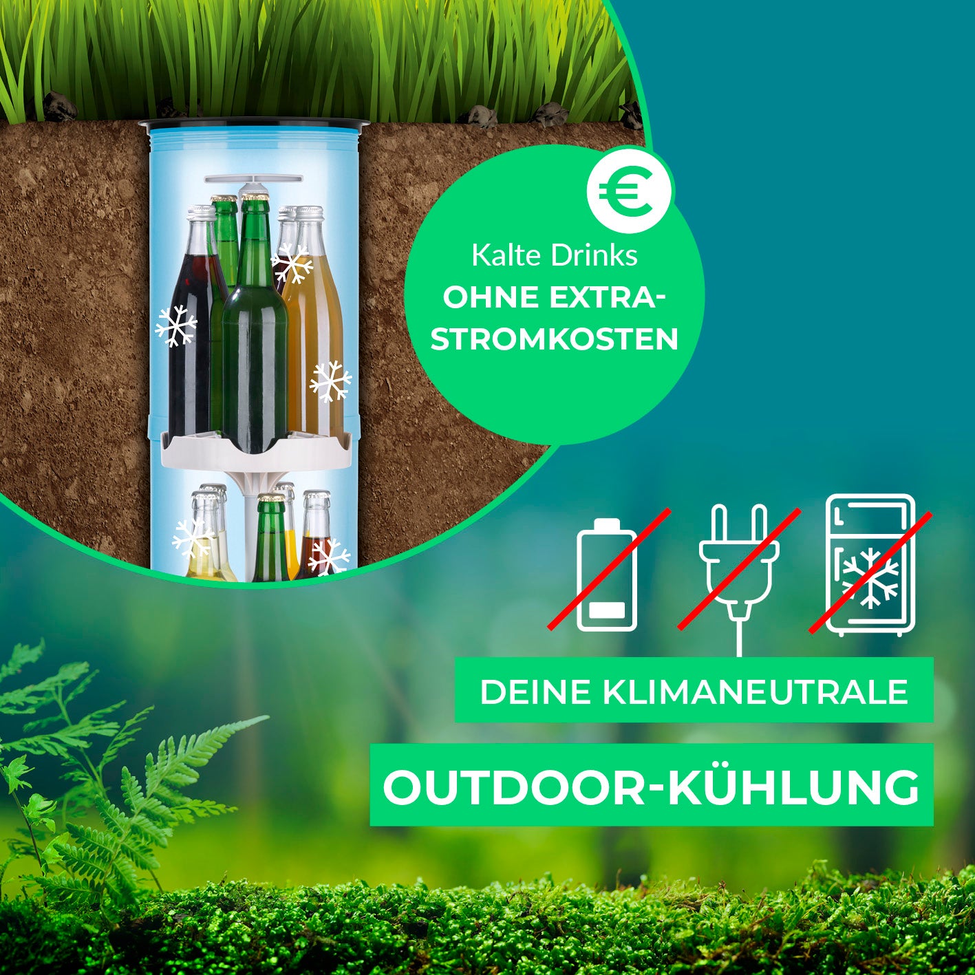 Outdoor-Flaschenkühler mit bis zu 13 Flaschen, stromlose, klimaneutrale Outdoor-Kühlung ohne Extra-Stromkosten.