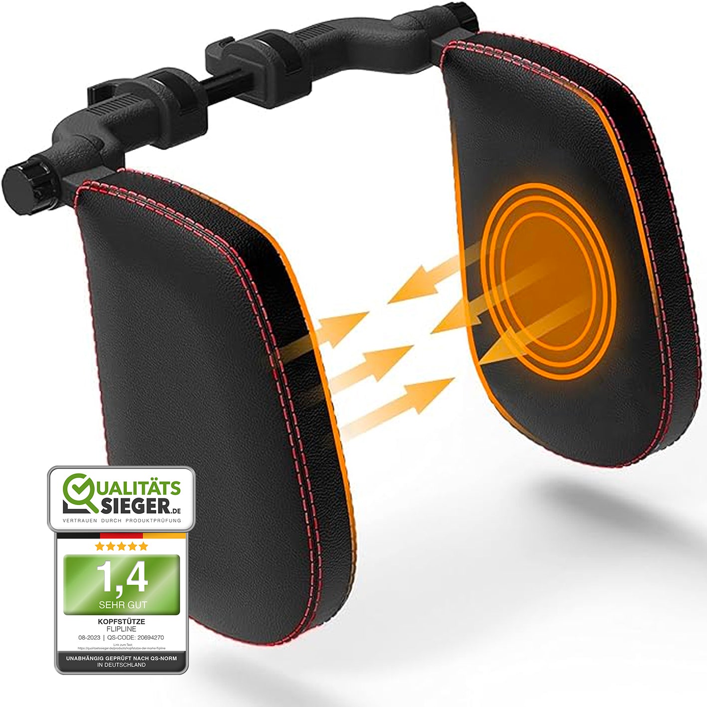 Auto-Kopfstütze - schwarzes Leder mit roten Nähten, ergonomisch, verstellbar und komfortabel für entspanntes Reisen im Auto.