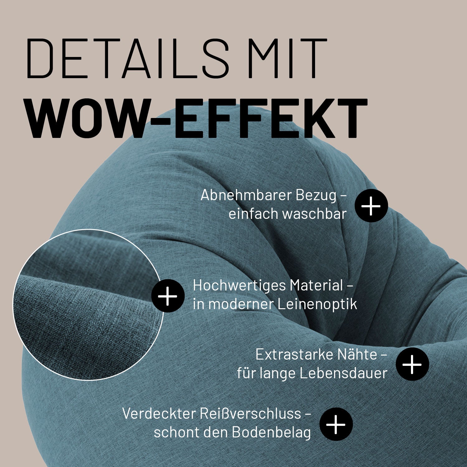 Sitzsack Interior Line (300 L) - indoor - Aquamarin mit abnehmbarem, leinenähnlichem Bezug und extra starken Nähten für langen Gebrauch.