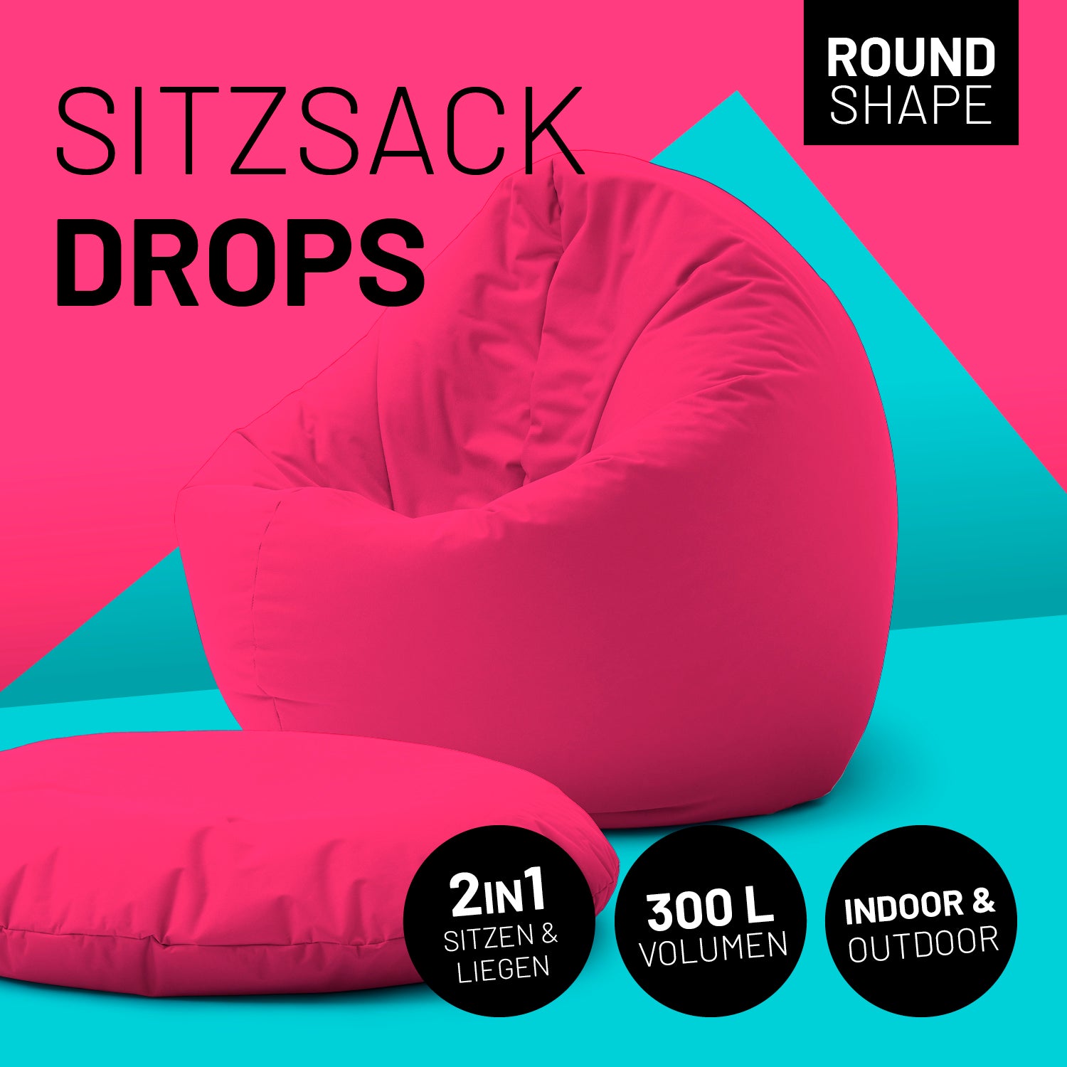 Sitzsack Drops (300 L) in Pink, 2in1 Sitz- und Liegefunktion, indoor & outdoor, langlebig, leicht und pflegeleicht.