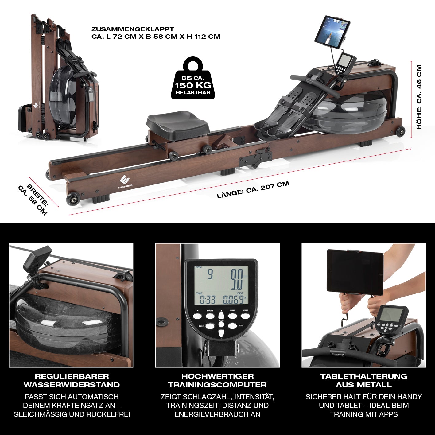 Klappbares Wasser-Rudergerät 2.0 - Dark Brown aus Eschenholz, mit klappbarer Funktion, Trainingscomputer und Metall-Tablethalterung.