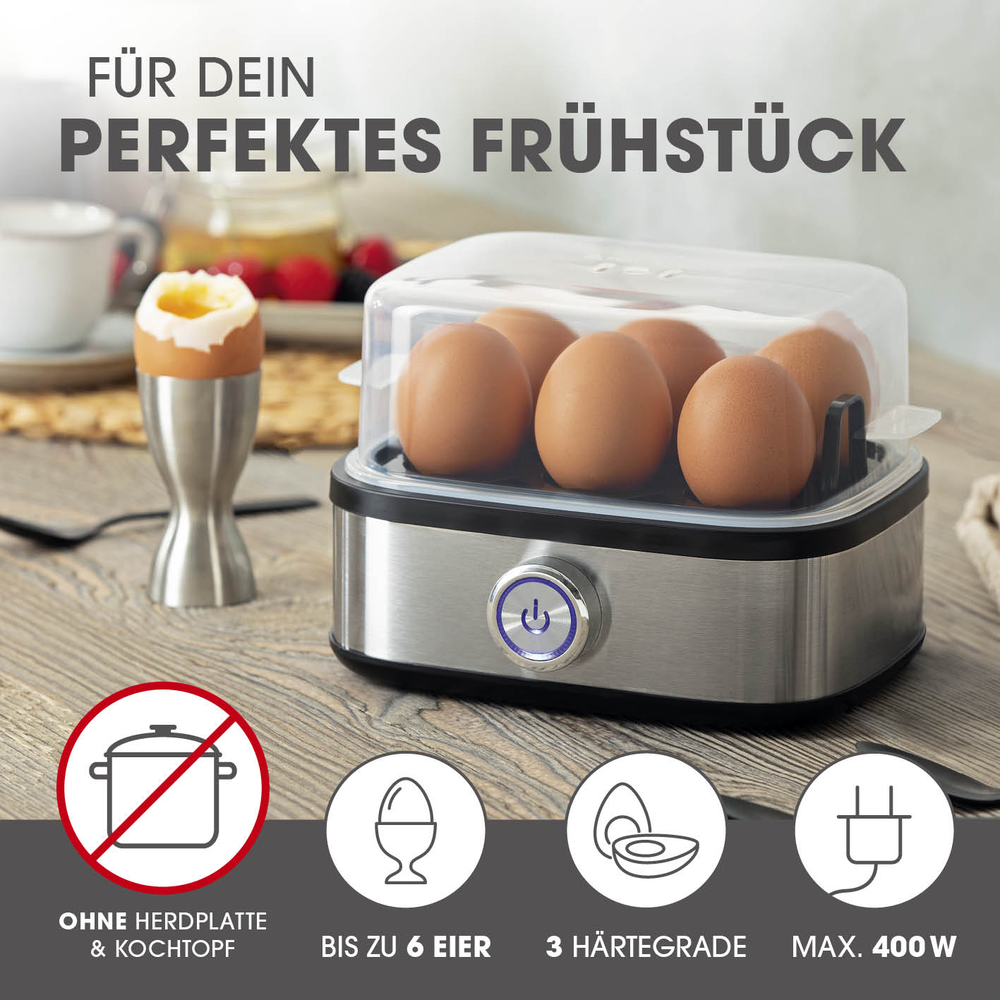 Design-Eierkocher für 6 Eier mit Timer und Eierstecher, ideal für perfekte Frühstückseier ohne Herd und mit drei Härtegraden.