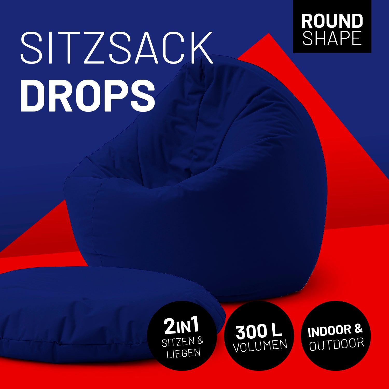 Sitzsack Drops (300 L) Dunkelblau, indoor & outdoor, multifunktional, leicht, langlebig, mit EPS-Füllung und verstecktem Reißverschluss.