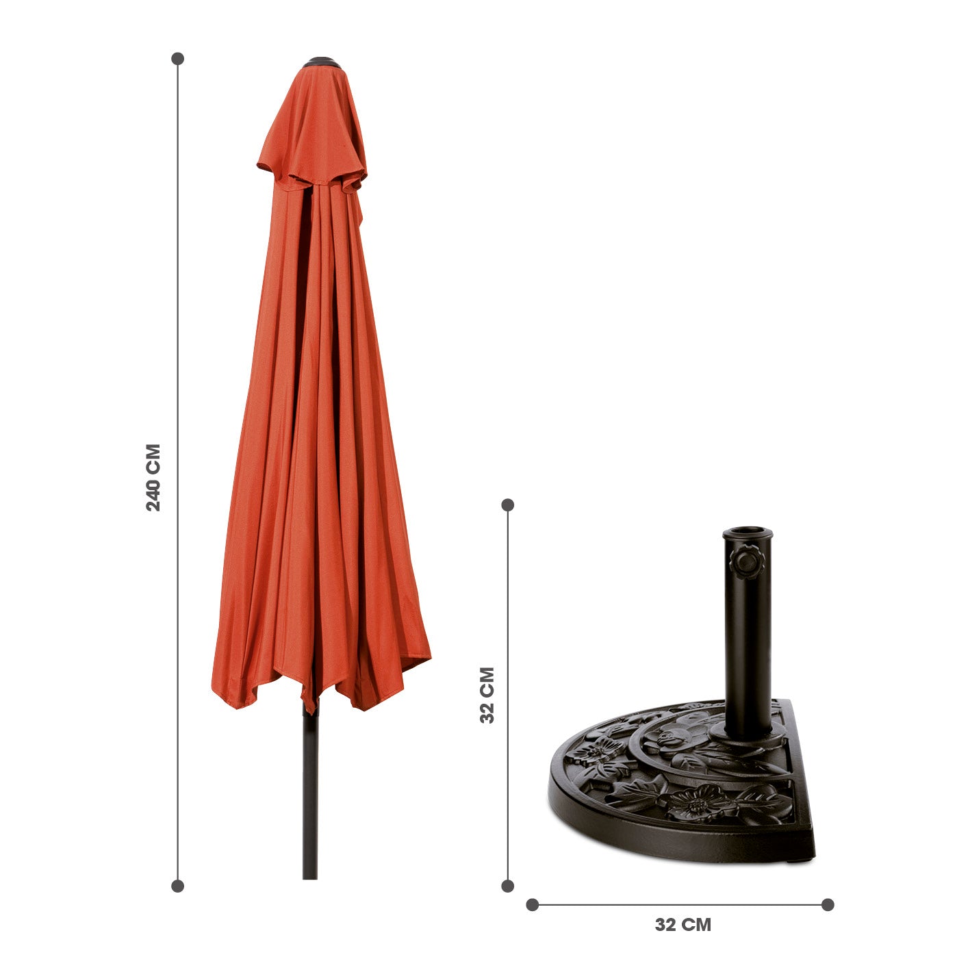 Sonnenschirm mit UV-Schutz mit Sonnenschirmfuß - halbrund 270x140 cm - terracotta
