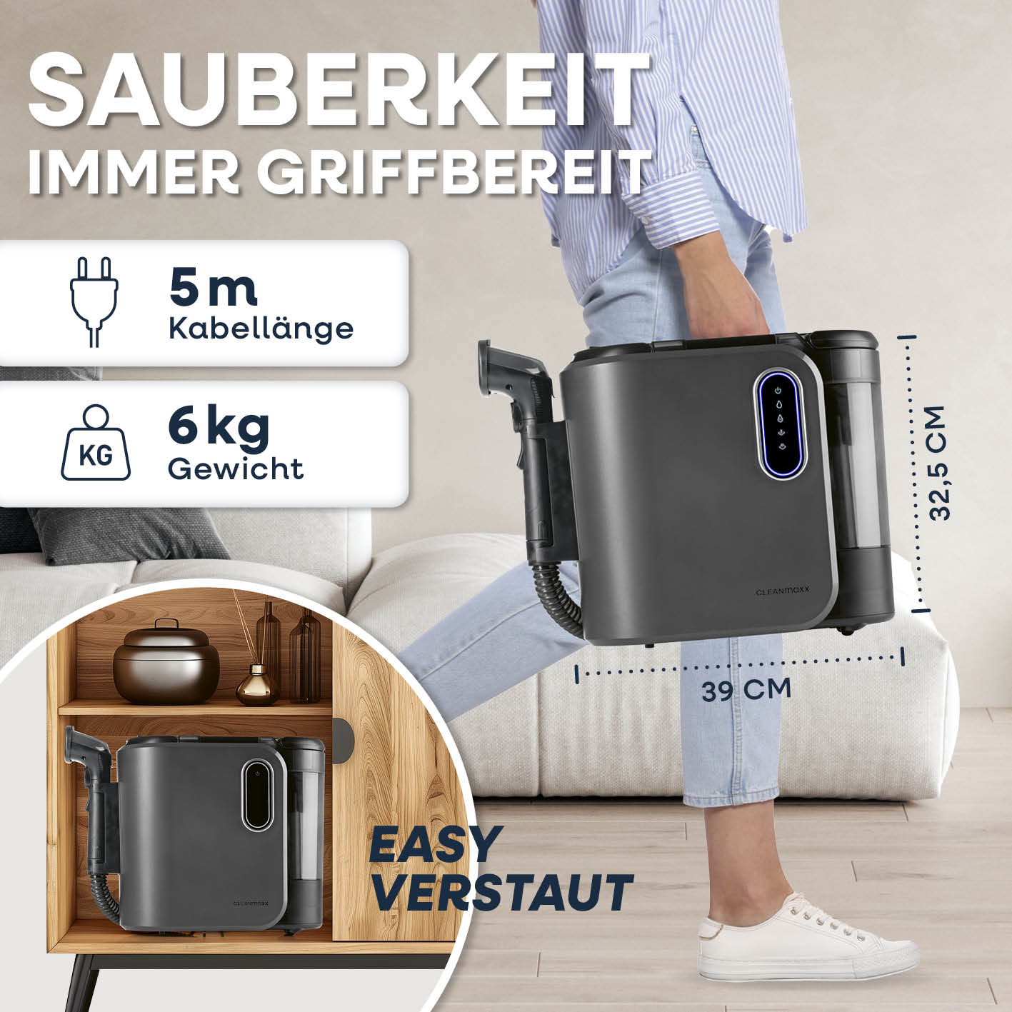 Polster- & Teppichreiniger Pro Steam mit 5 m Kabel, 6 kg Gewicht, kompakt und einfach verstaubar für gründliche Reinigung.